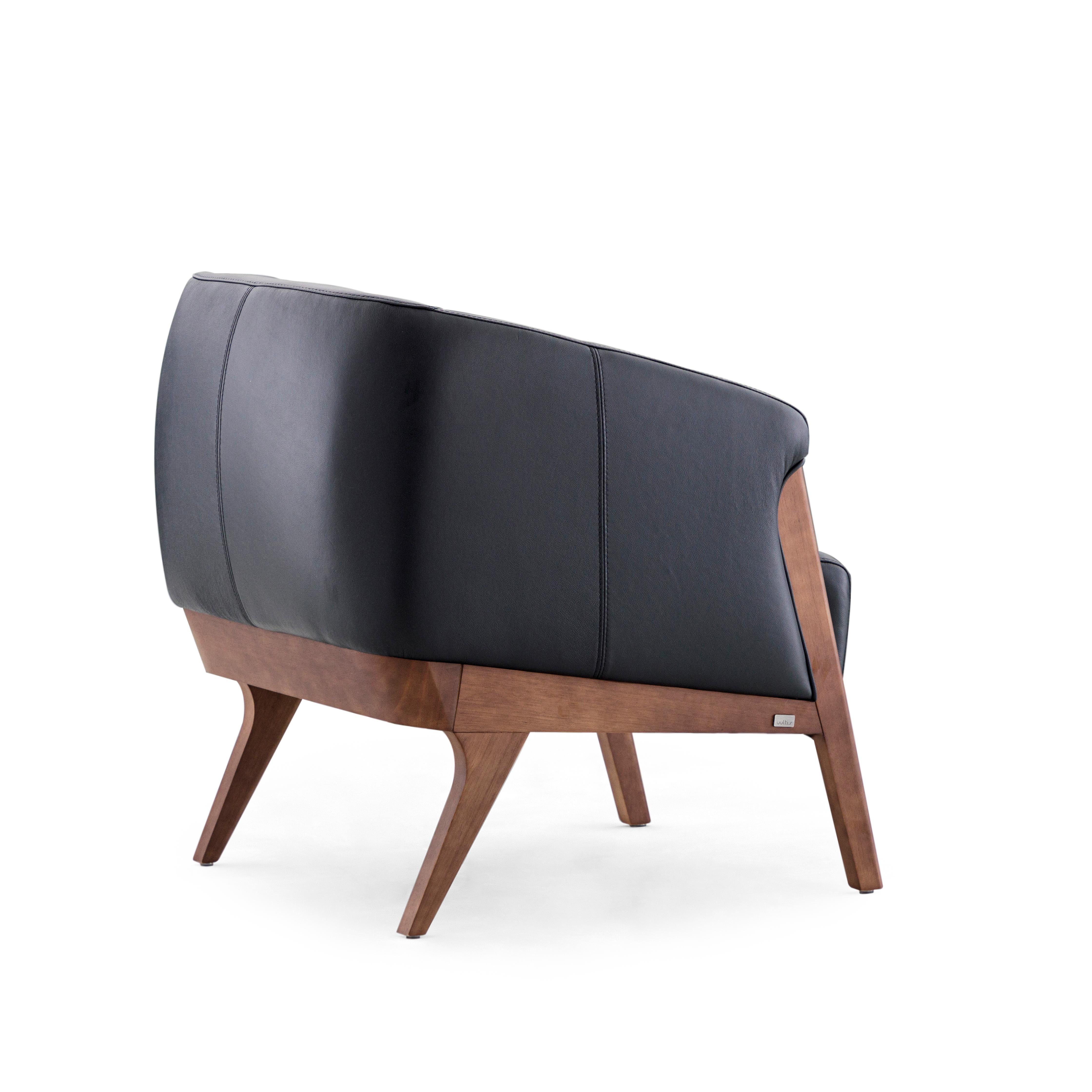 Brazilian Abra Armchair in Black Leather and Walnut Wood Finish For Sale