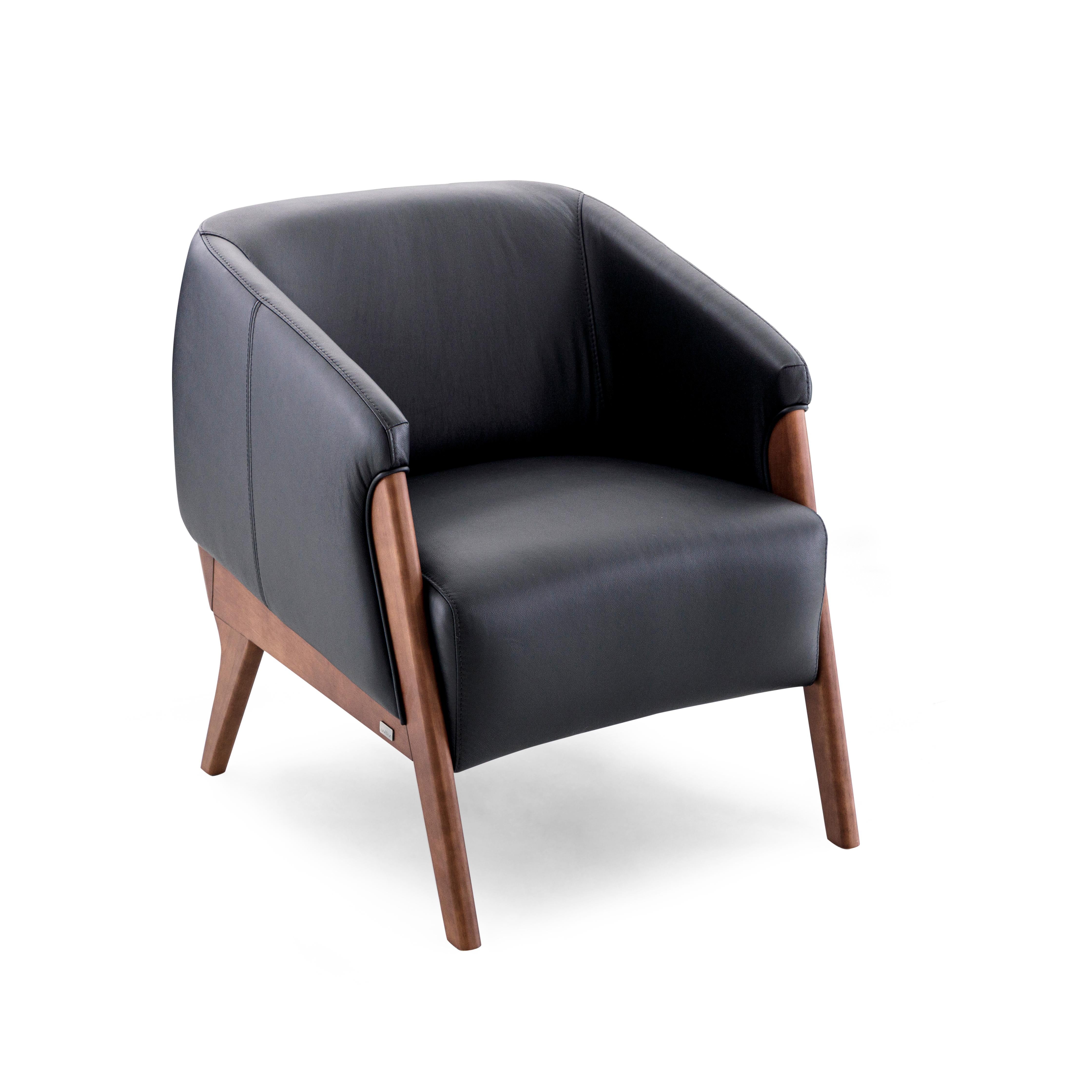 Contemporary Abra Armchair in Black Leather and Walnut Wood Finish For Sale