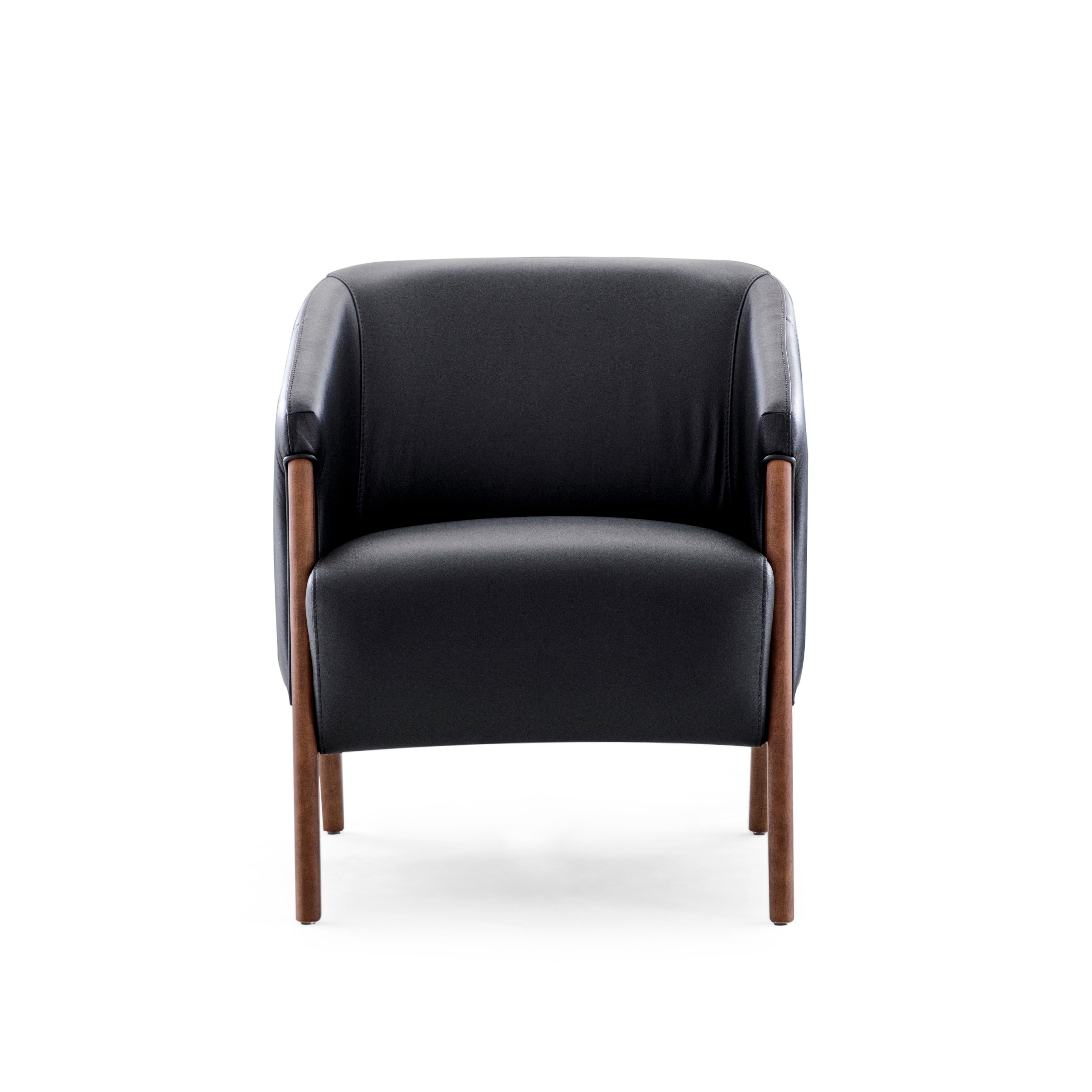 Abra Armchair in Black Leather and Walnut Wood Finish For Sale 1