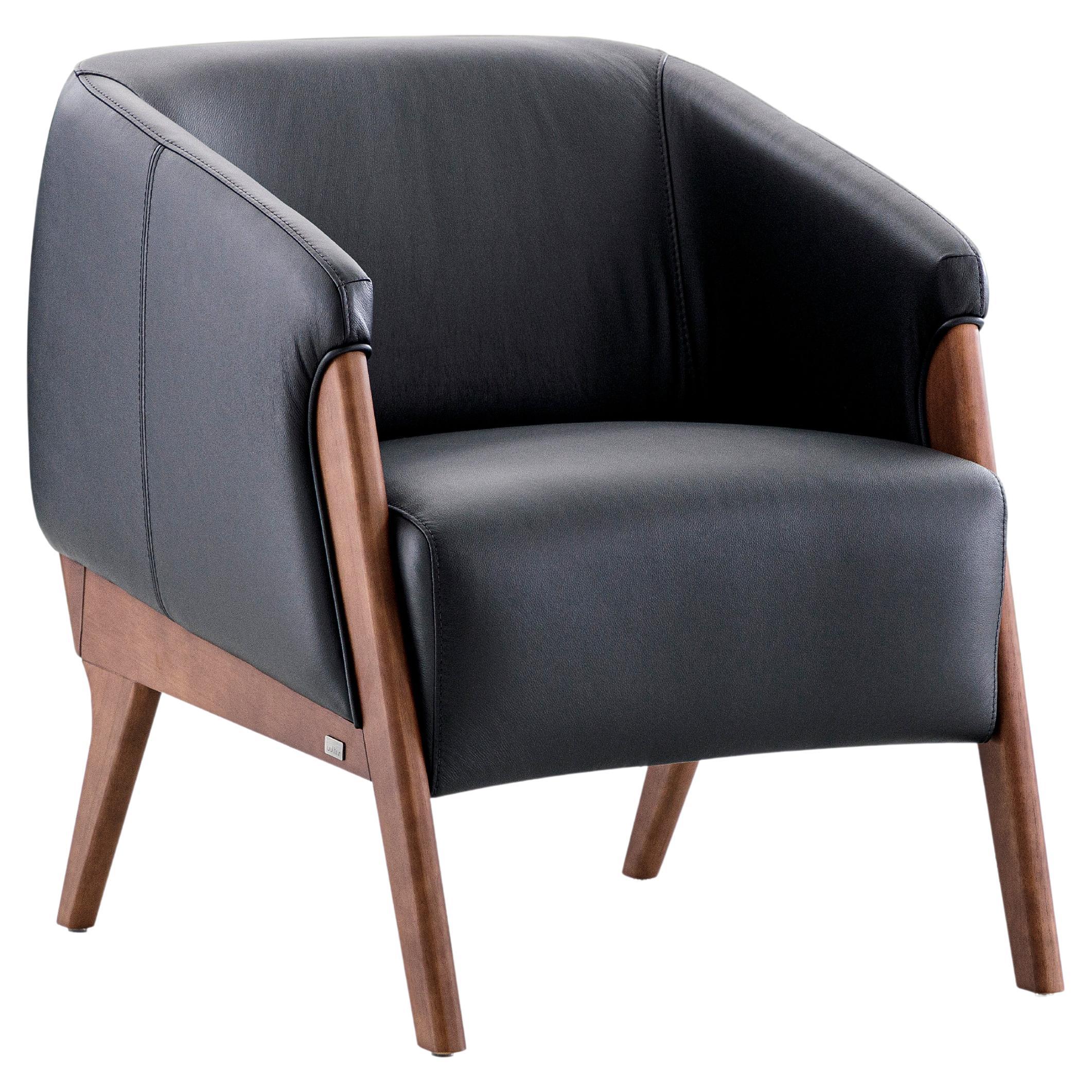 Abra Armchair in Black Leather and Walnut Wood Finish For Sale