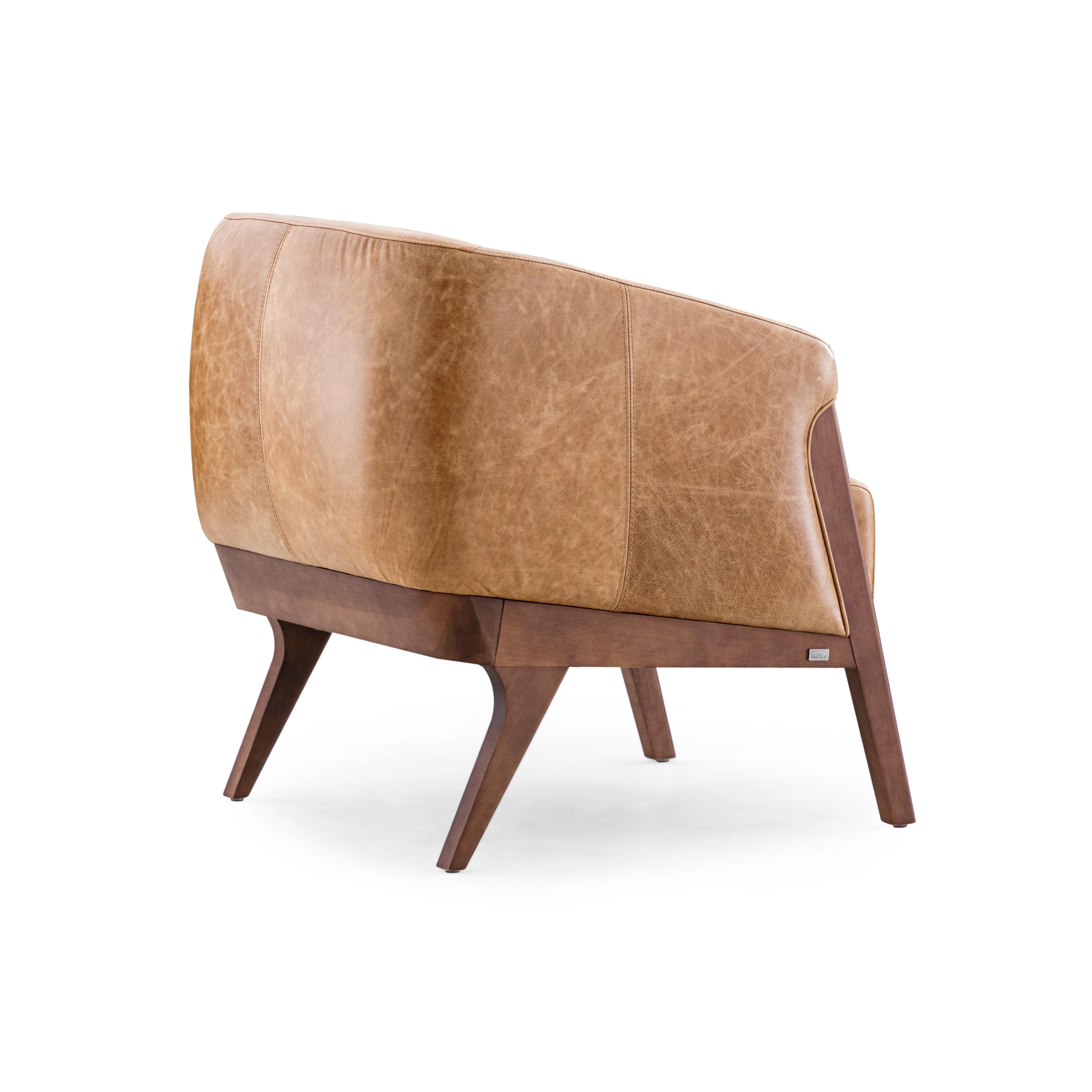 Brazilian Abra Armchair in Brown Leather and Walnut Wood Finish For Sale