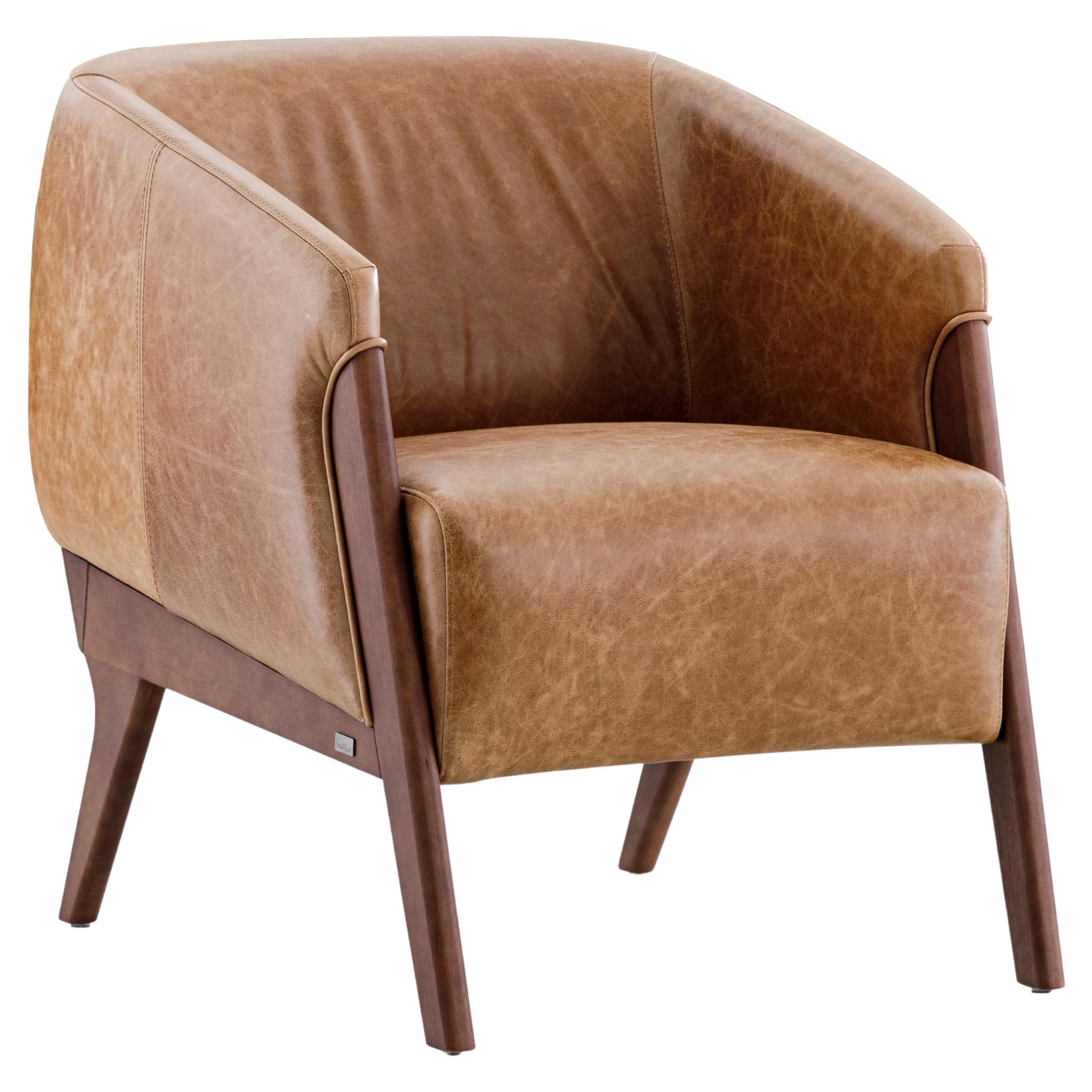 Abra Armchair in Brown Leather and Walnut Wood Finish For Sale