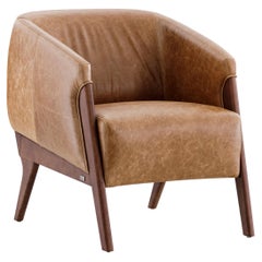 Distressed Caramel Leather Armchair with Walnut Veneer Frame, Abra Collection