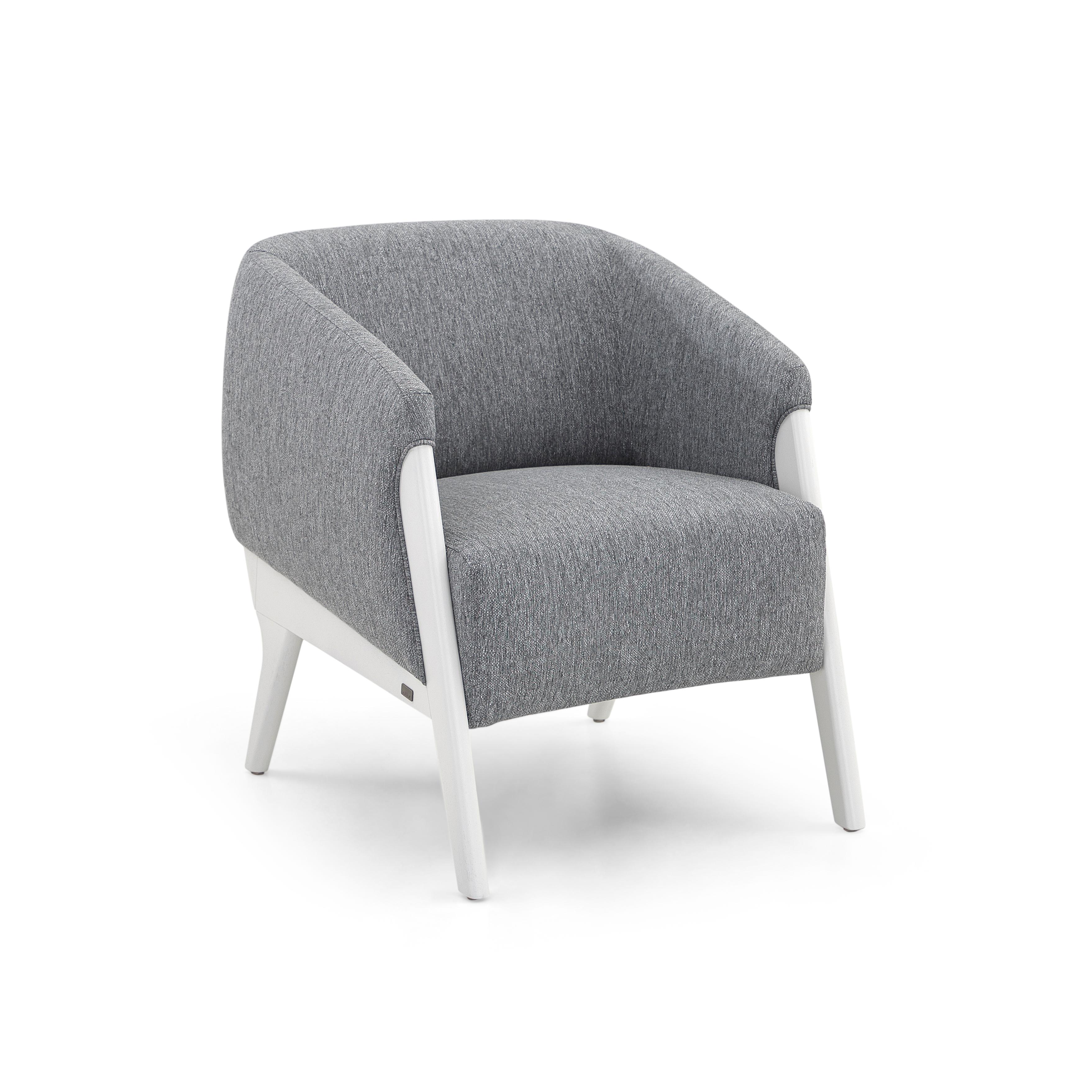 Contemporary Abra Armchair in Gray Fabric and White Wood Finish For Sale