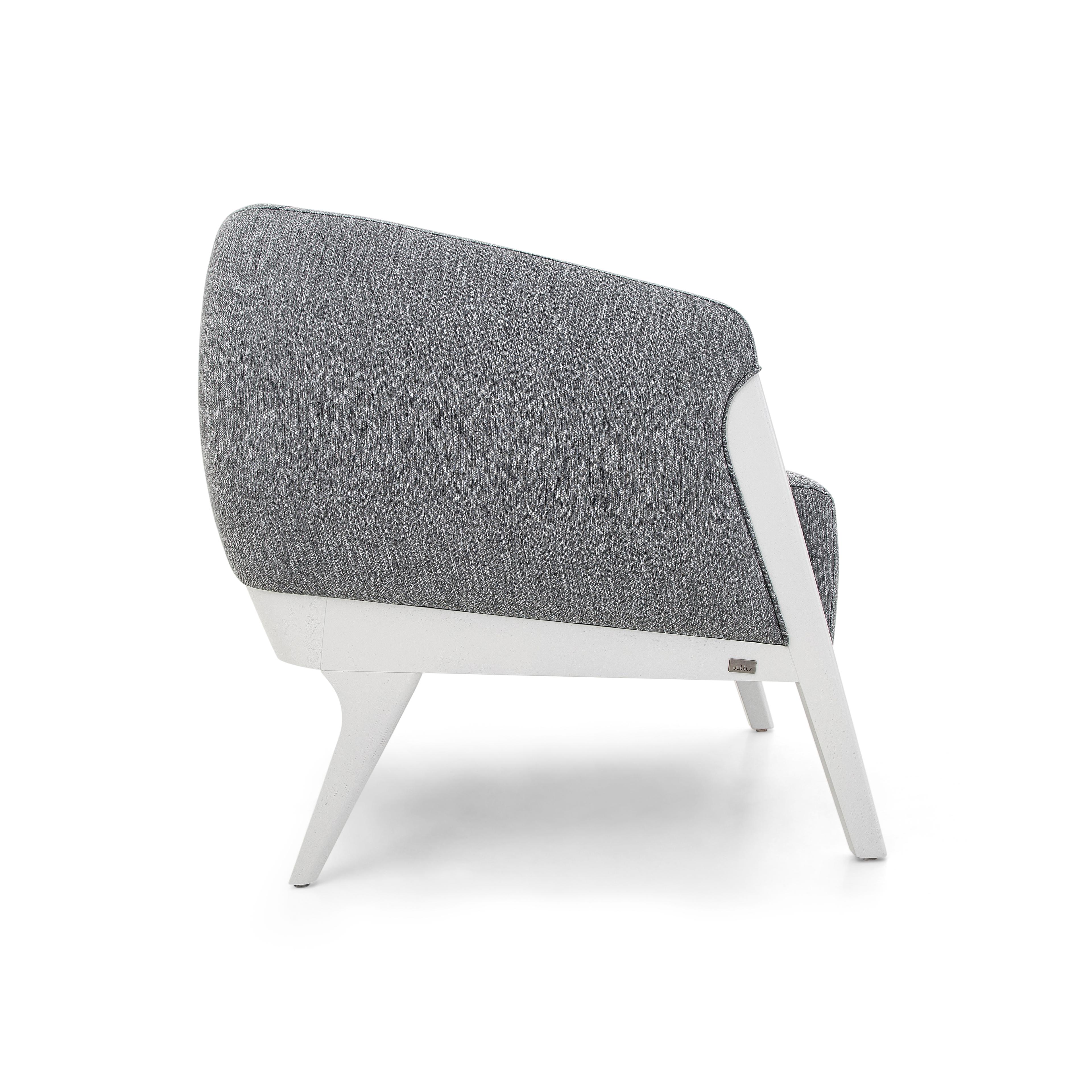 Upholstery Abra Armchair in Gray Fabric and White Wood Finish For Sale