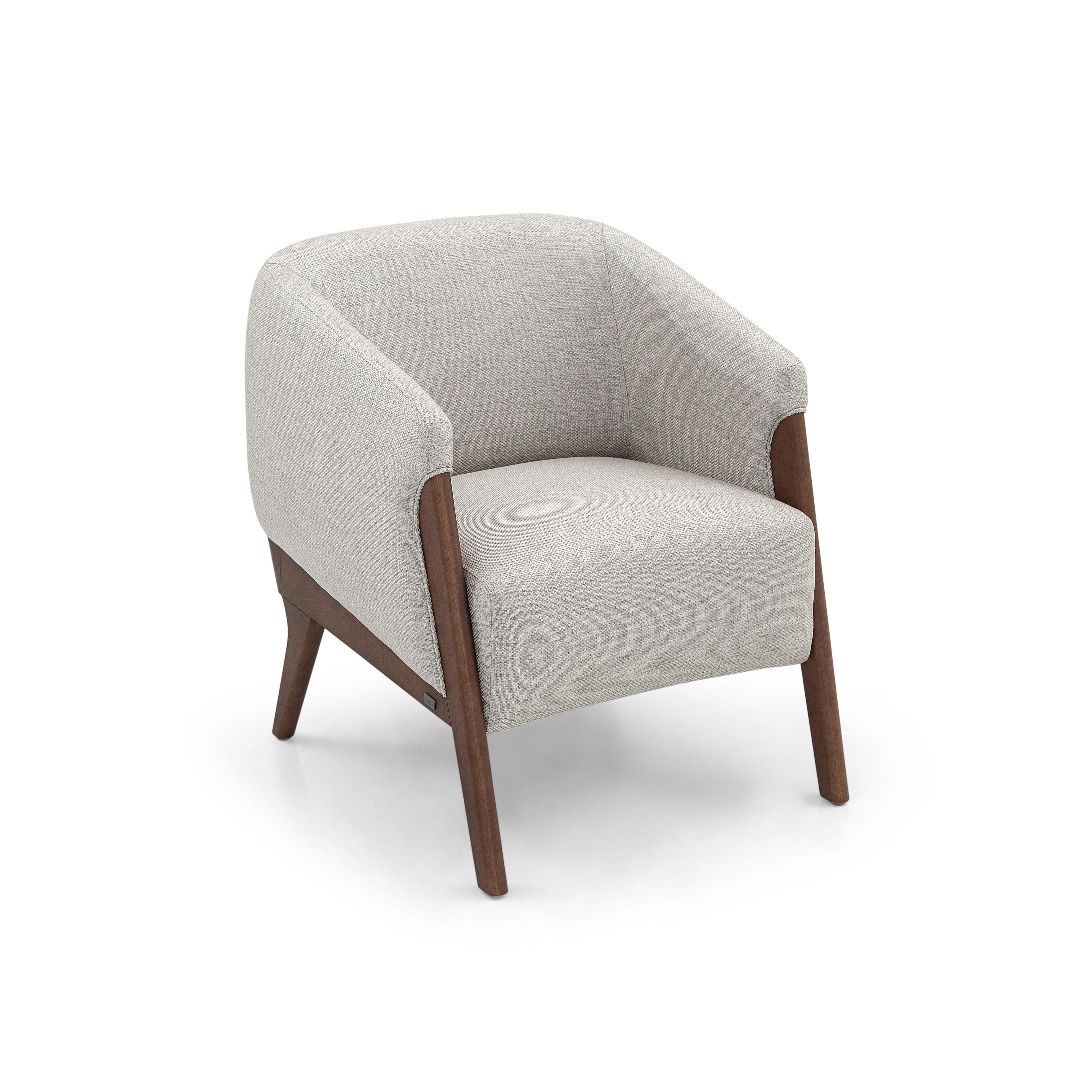 Brazilian Abra Armchair in Light Gray Fabric and Walnut Wood Finish For Sale