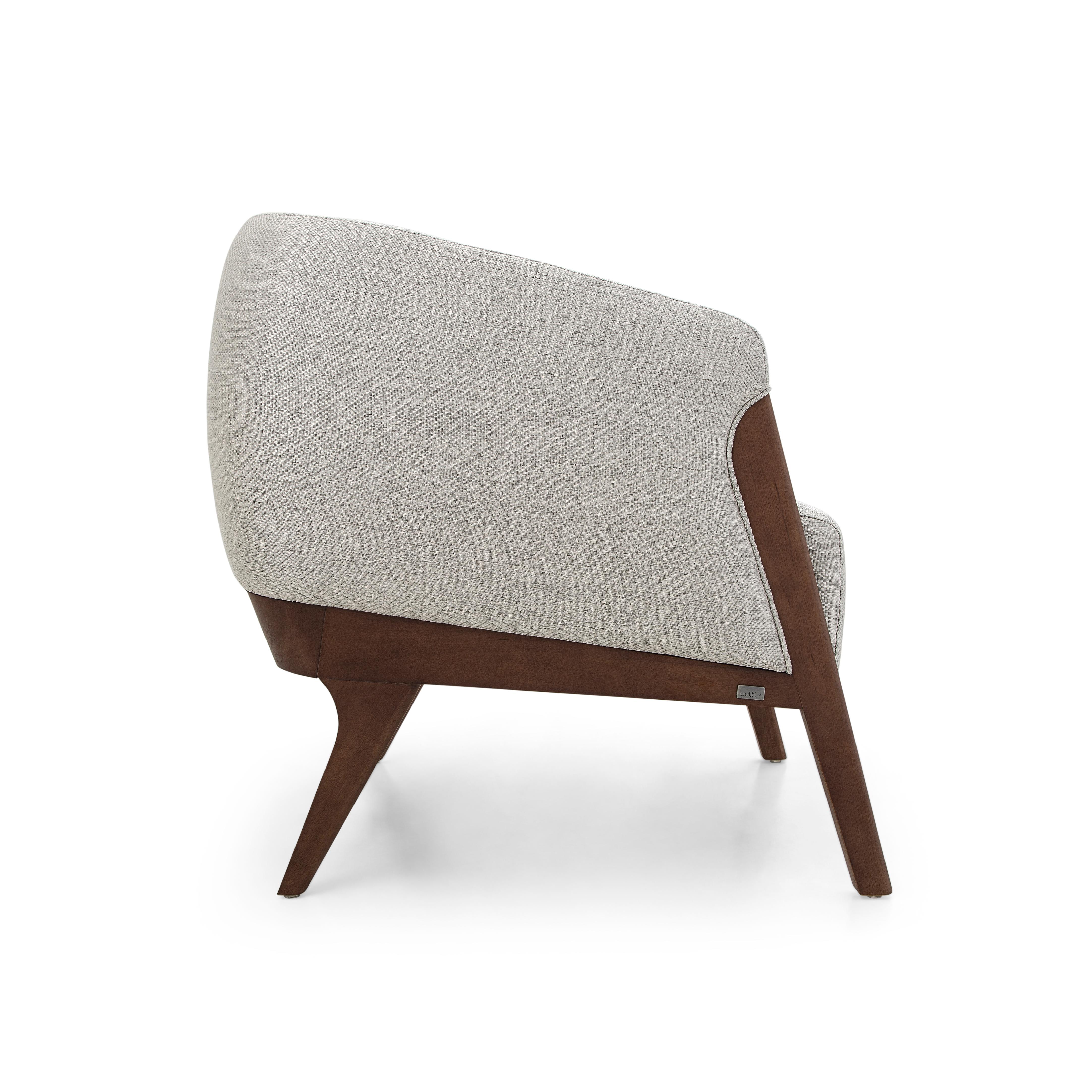 Contemporary Abra Armchair in Light Gray Fabric and Walnut Wood Finish For Sale