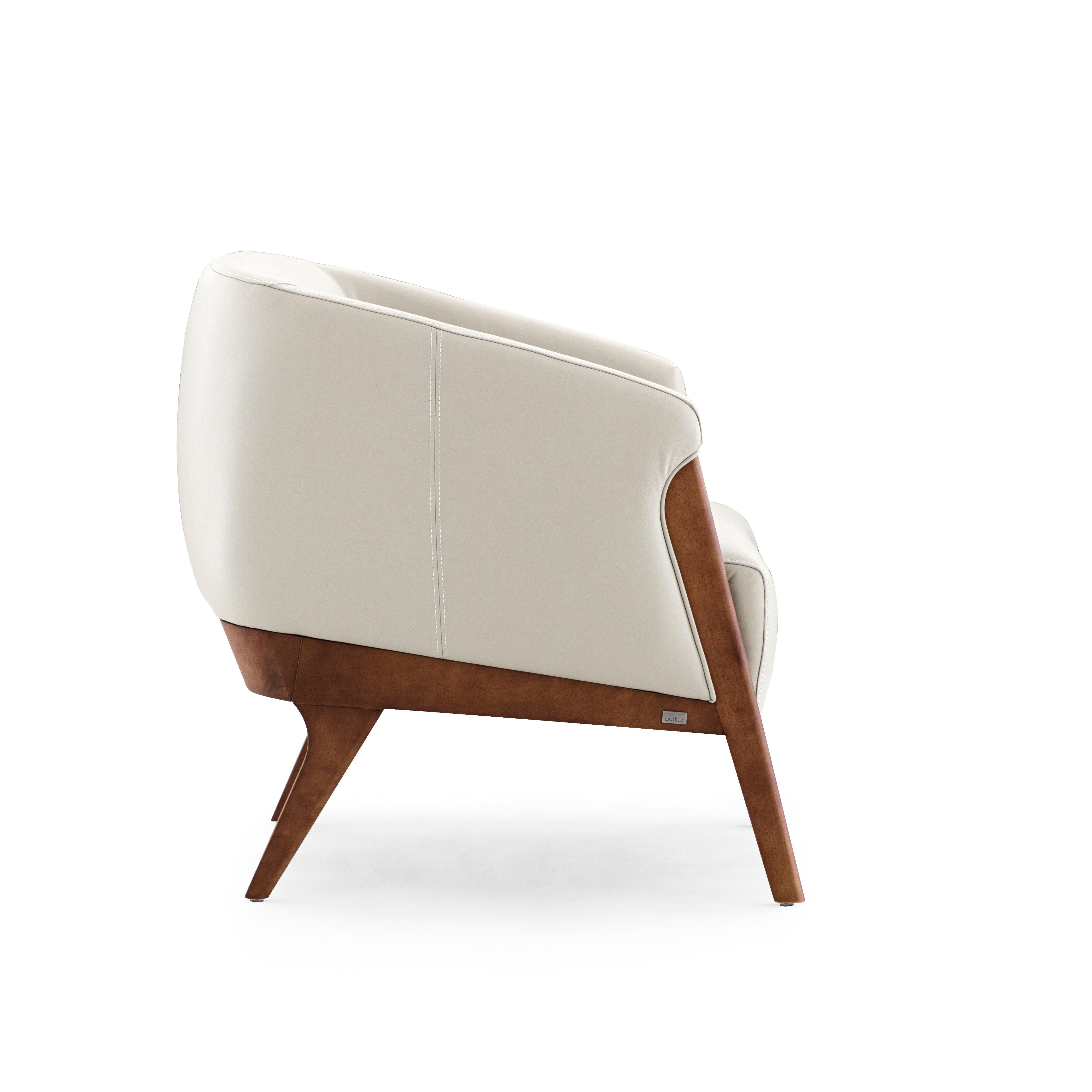Brazilian Abra Armchair in White Leather and Walnut Wood Finish For Sale