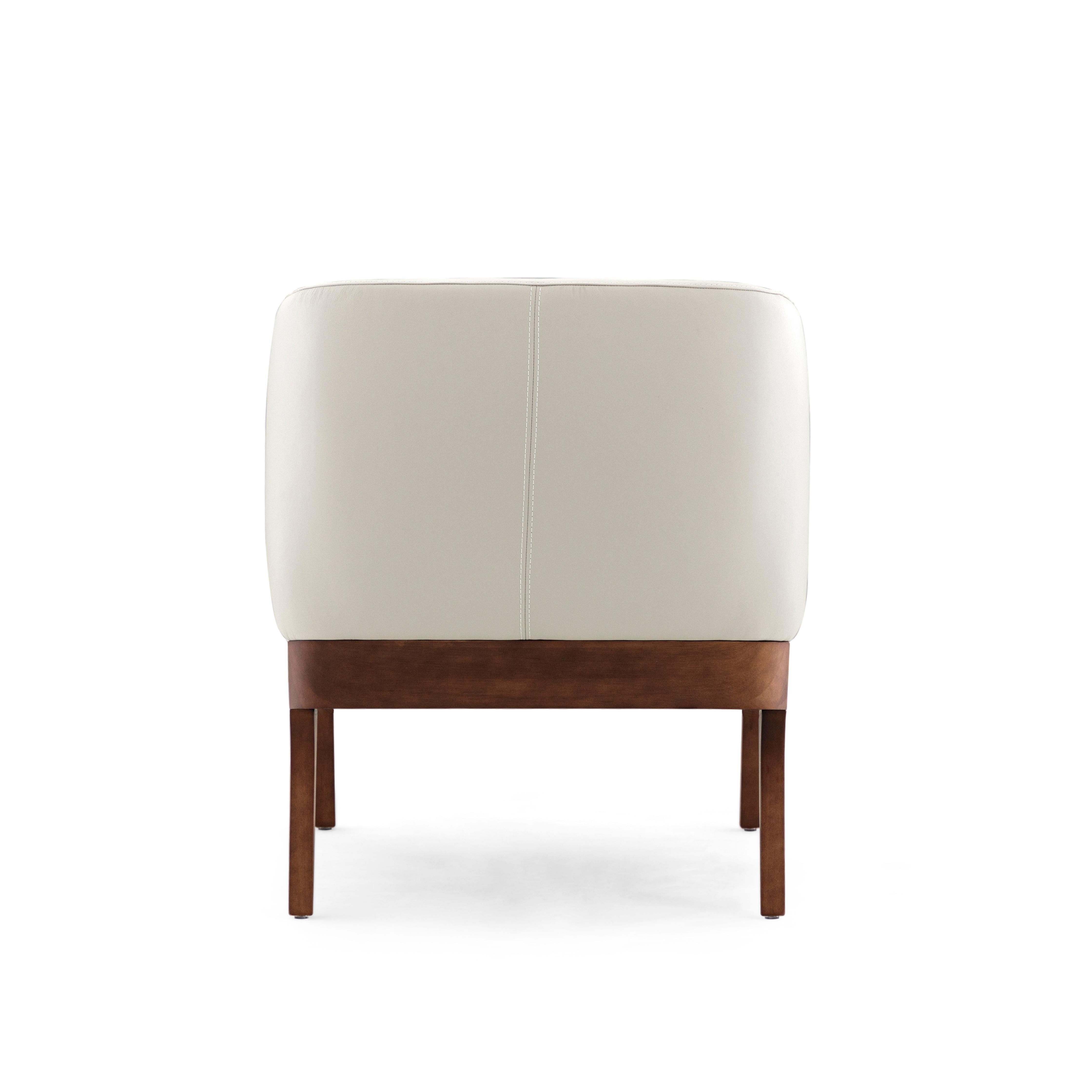 Contemporary Abra Armchair in White Leather and Walnut Wood Finish For Sale