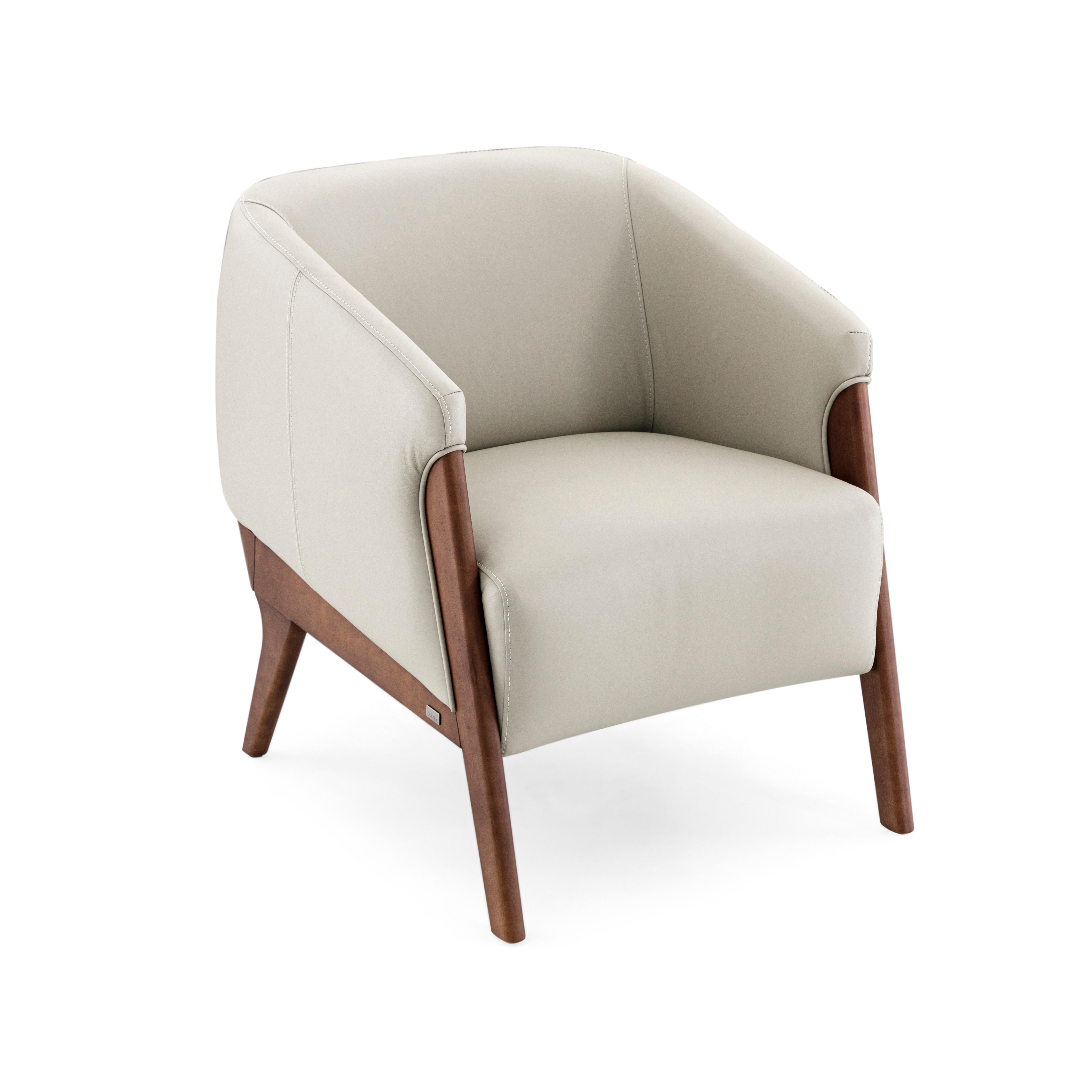 Abra Armchair in White Leather and Walnut Wood Finish For Sale 1