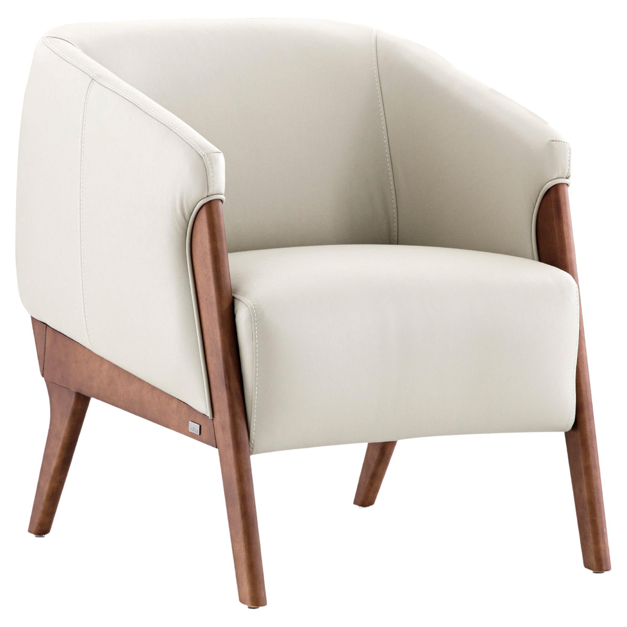 Abra Armchair in White Leather and Walnut Wood Finish For Sale