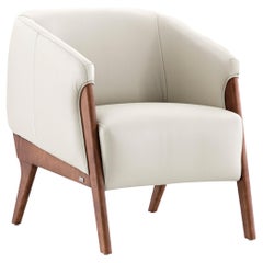 Abra Armchair in White Leather and Walnut Wood Finish