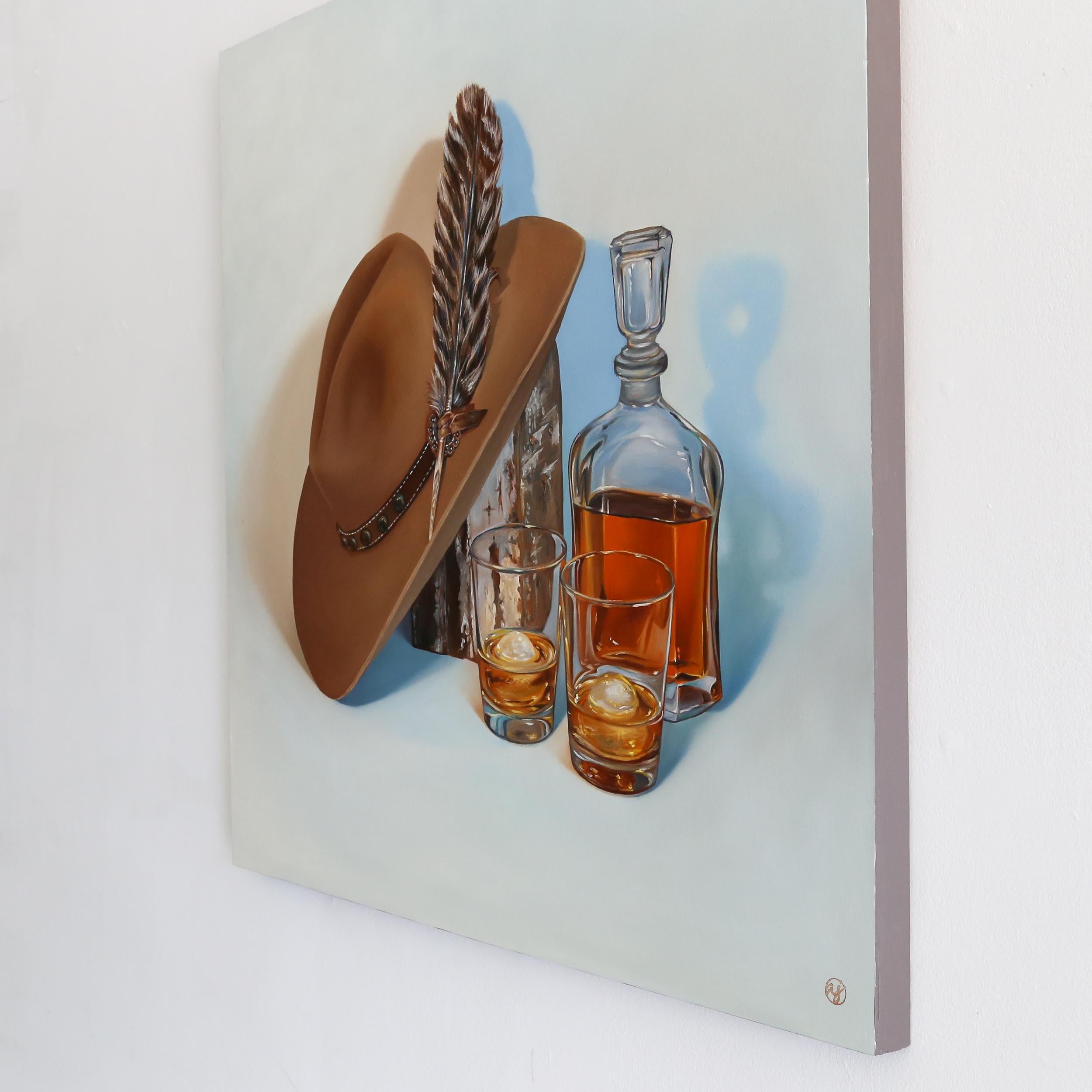 Doble Chupito de Whisky - Naturaleza Muerta Realista Pintura al Óleo en venta 1