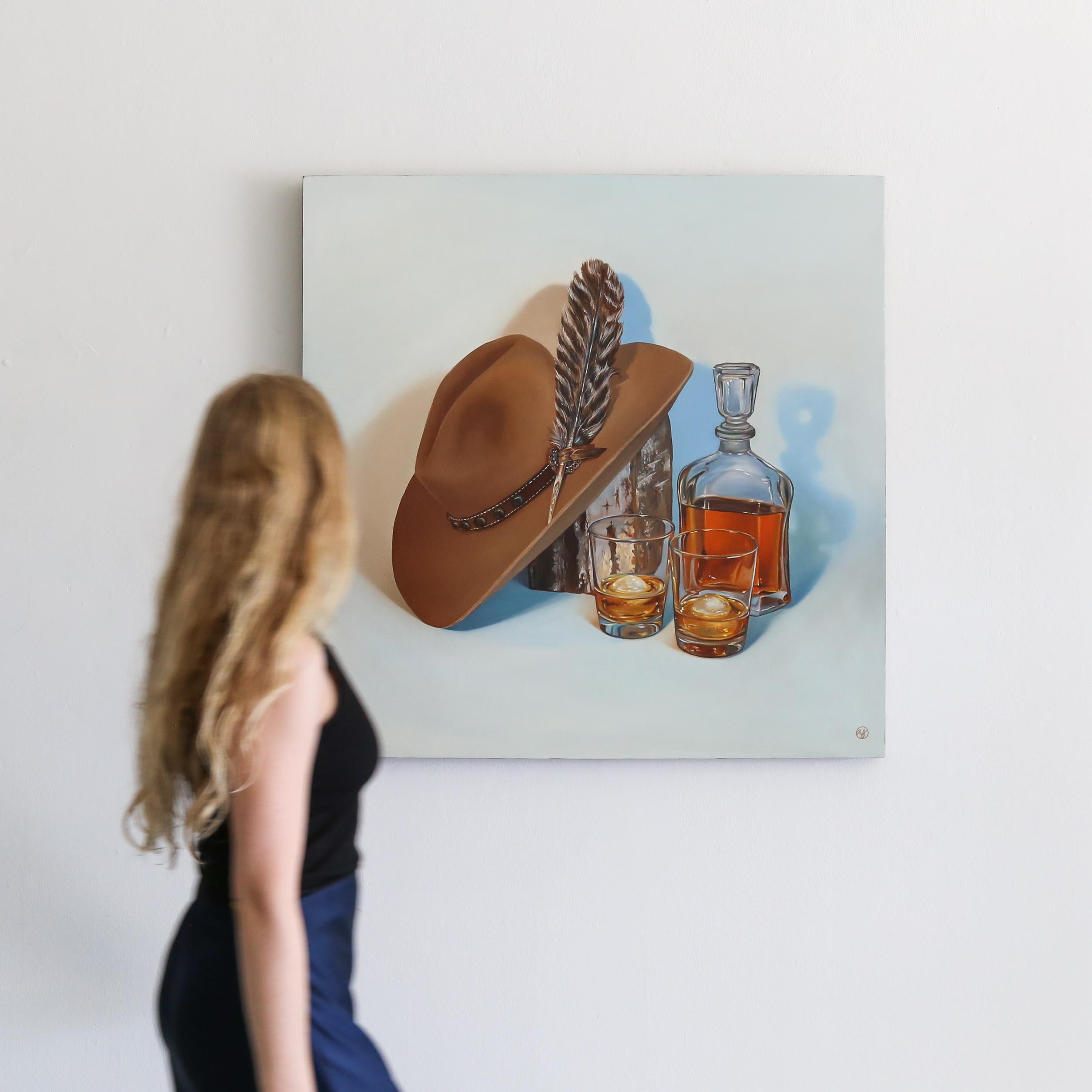 Doble Chupito de Whisky - Naturaleza Muerta Realista Pintura al Óleo en venta 2