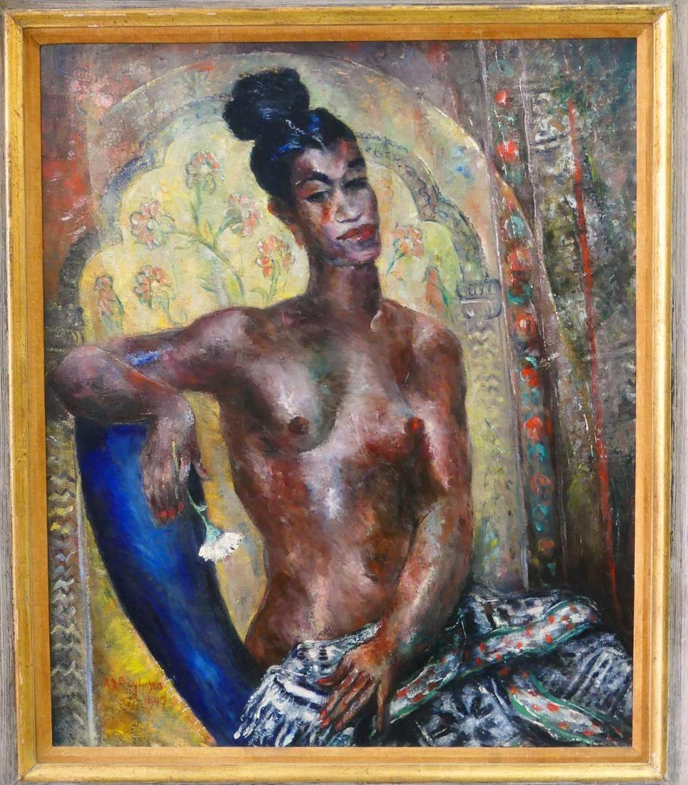 Abraham Solomon Baylinson (Moscow 1882-New York City 1950) framed modernist oil on canvas painting of a nude woman seated in front of an elaborate tapestry. The piece is signed by the artist in the lower left corner 'A S Baylinson' and dated