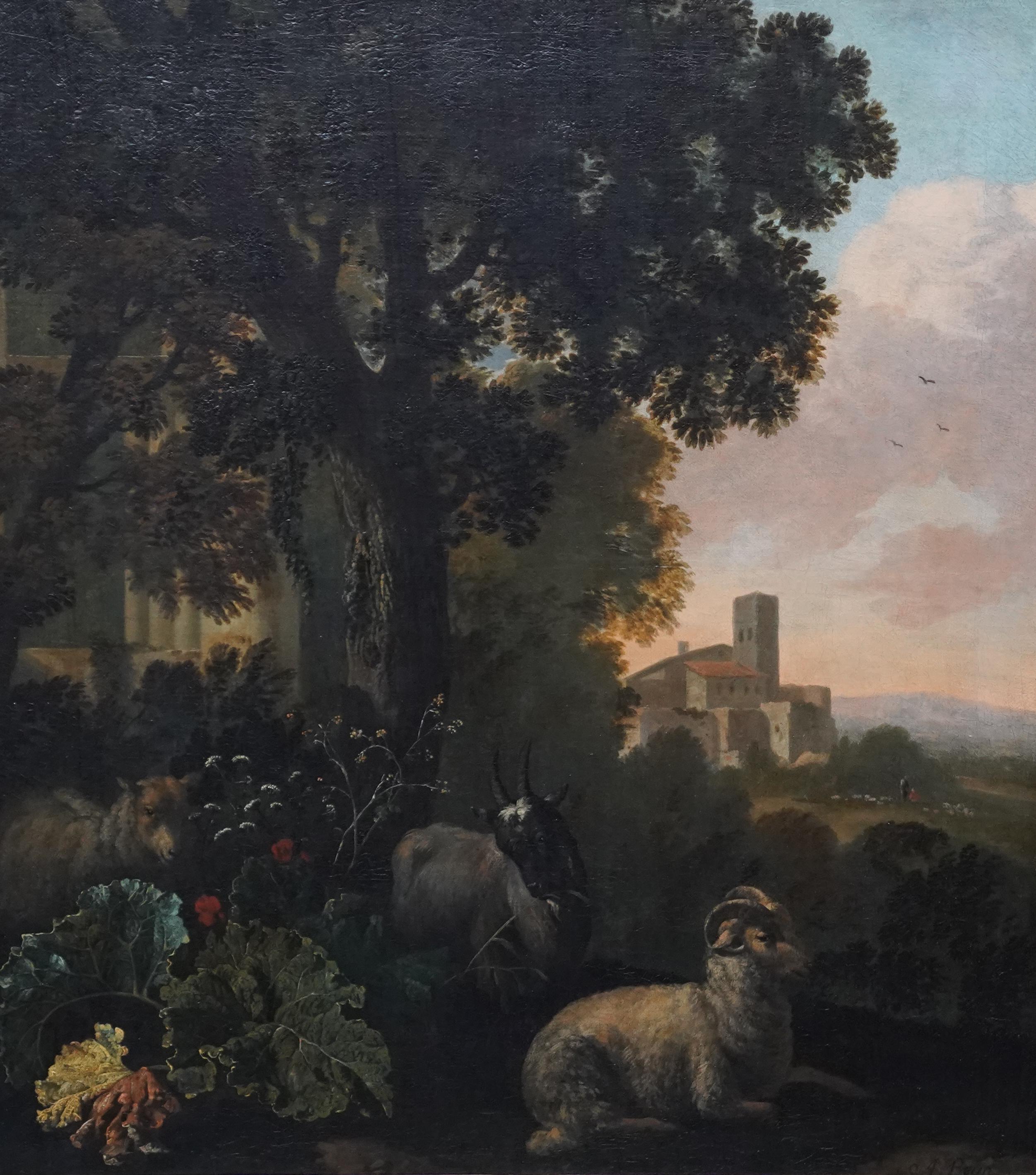 Golden Age Sheep and Goat in a Landscape - Dutch 17thC Old Master oil painting - Painting by Abraham Begeyn