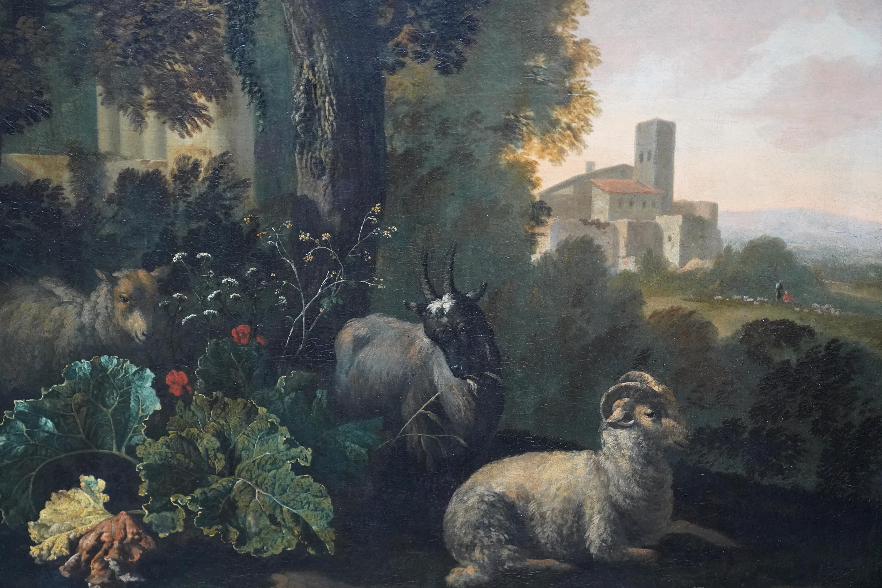 Abraham Begeyn, Dutch Golden Age painter and Prussian court painter painted this wonderful 17th century Old Master oil painting. Painted circa 1690 and signed lower right, the subject matter is sheep and a goat under a tree in the foreground,