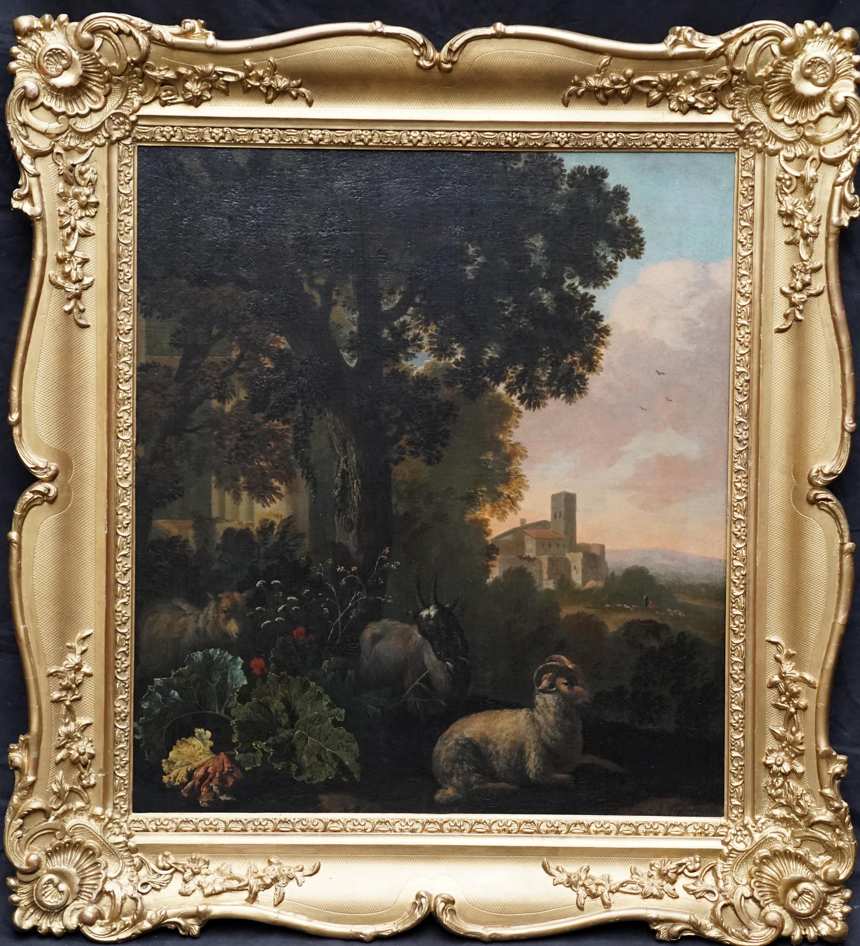 Âge d'or Mouton et chèvre dans un paysage - peinture à l'huile hollandaise du 17e siècle, vieux maître