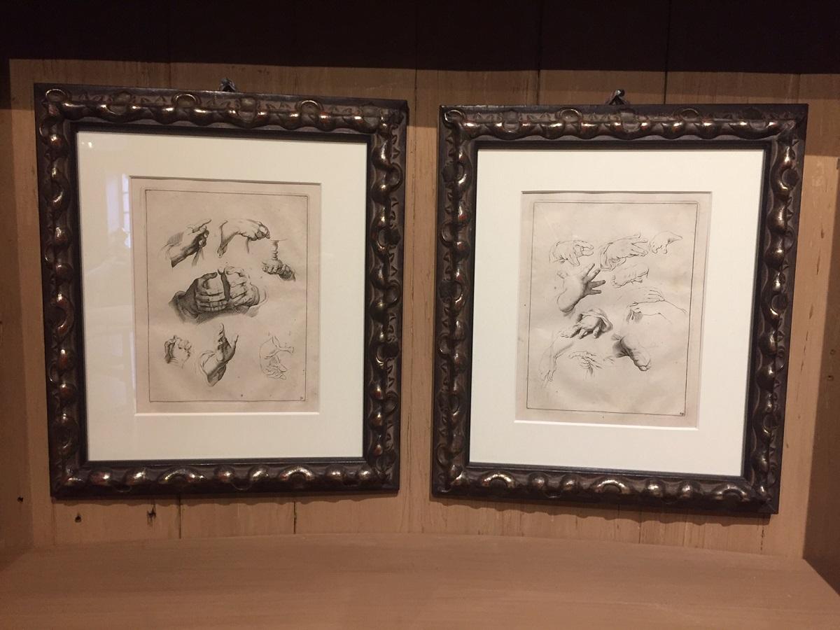 A pair of etchings by Abraham Bloemaert (1564-1651). They depict a study of hands in various postures. Prints like this were often used by other artists as study models as well as enhancing the reputation of the artist. Bloemaert was and is a well