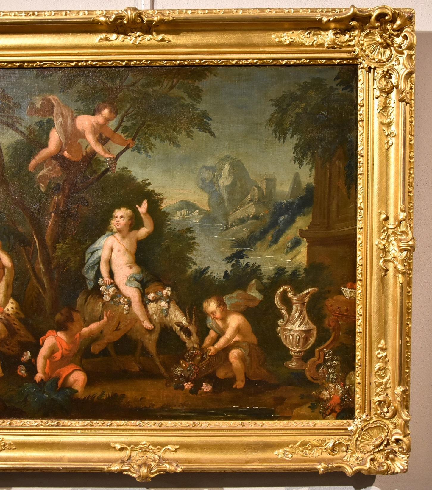 Painter active in Rome in the second half of the seventeenth century
Circle of Abraham Brueghel (Antwerp, 1631 - Naples, 1697)
Feast of cherubs in a landscape

Oil painting on canvas
67 x 83 cm., Framed 86 x 99 cm.

This valuable painting, made in