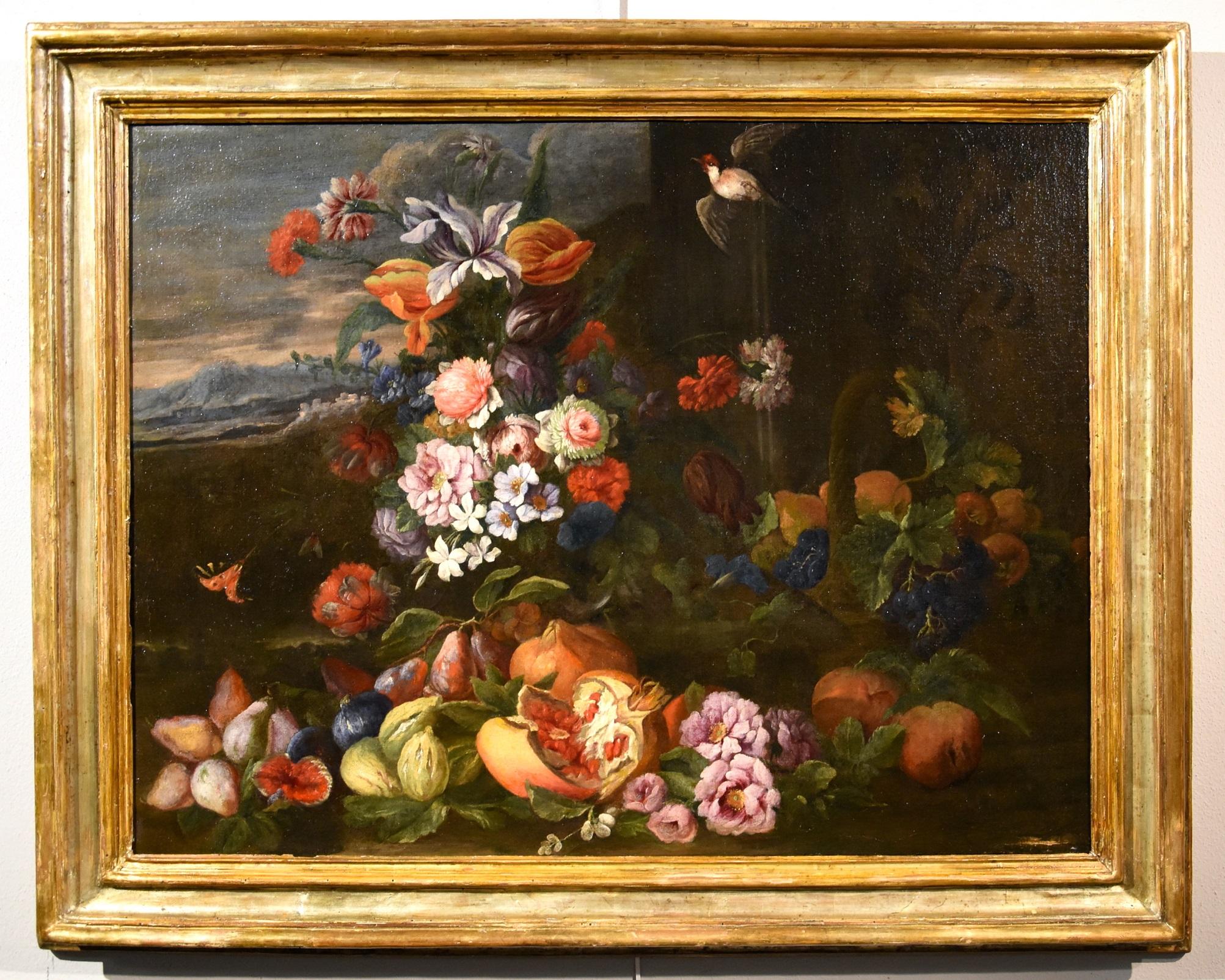 Brueghel Nature morte Fleurs Fruits Peinture Vieux maître Flamand 17ème siècle Italie - Painting de Abraham Brueghel (Antwerp, 1631 - Naples, 1697)