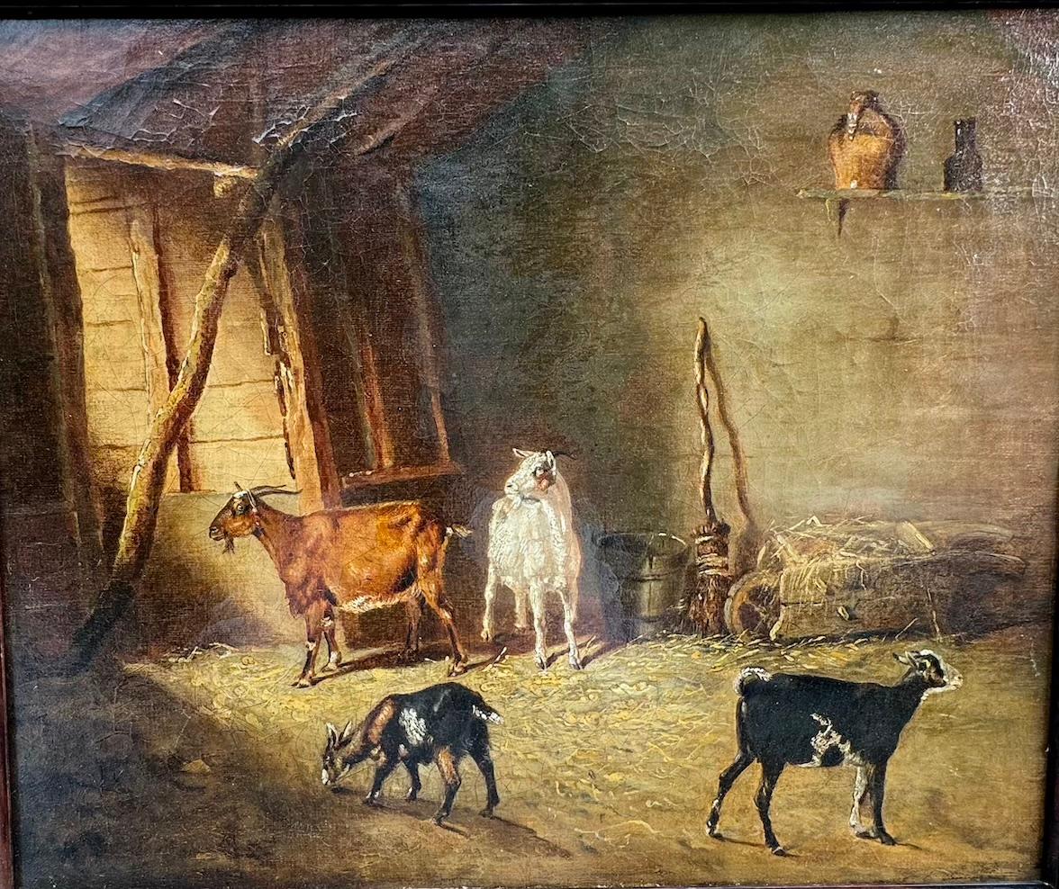 Escena de interior de granero inglés del siglo XIX con una familia de cabras y cabritos. - Painting de Abraham Cooper