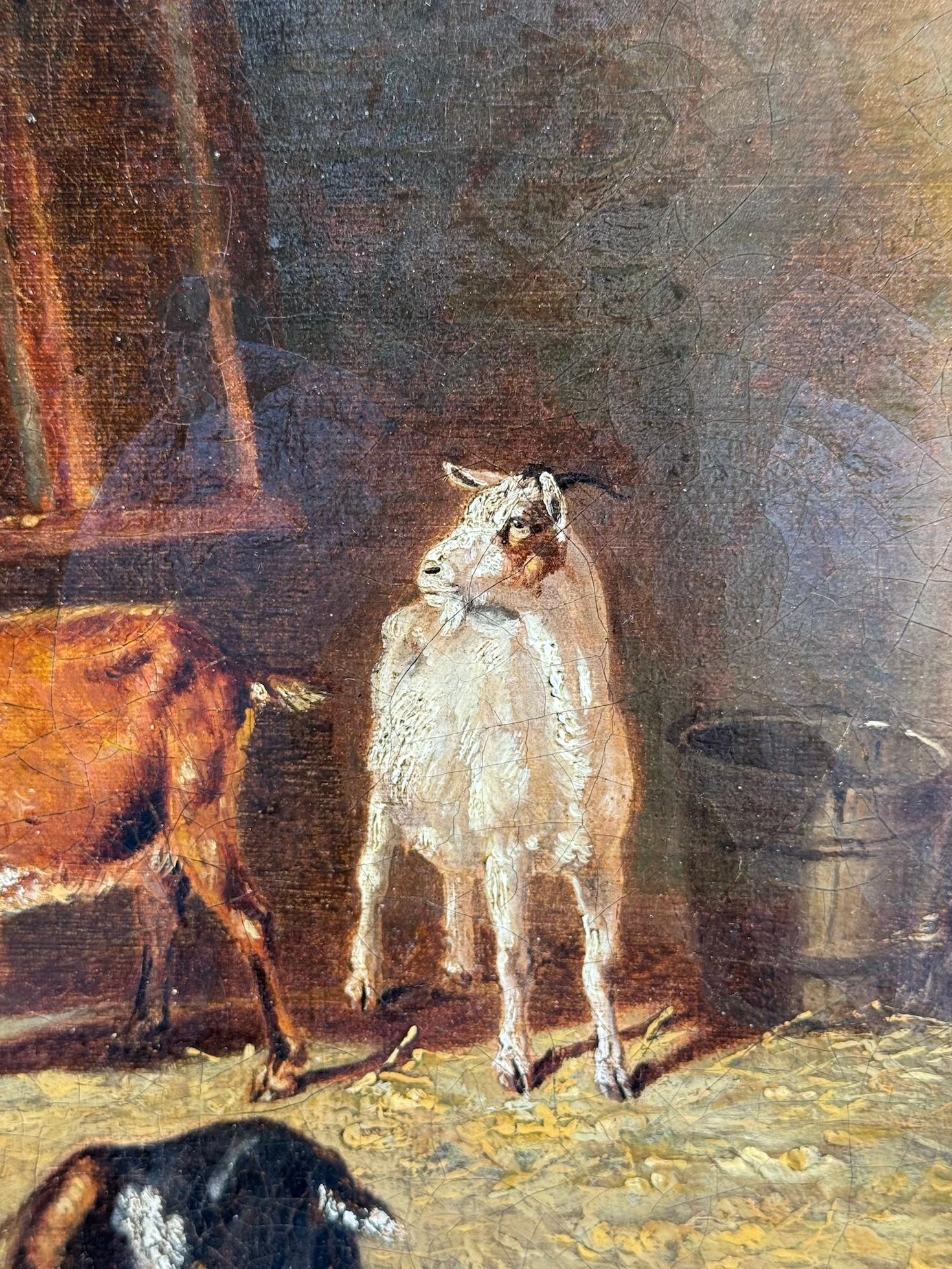 Este cautivador cuadro de principios del siglo XIX de una escena interior de una granja, obra de Abraham Cooper hacia 1830, es un testimonio de la habilidad del artista para captar el encanto rústico y la vida cotidiana de la campiña británica.