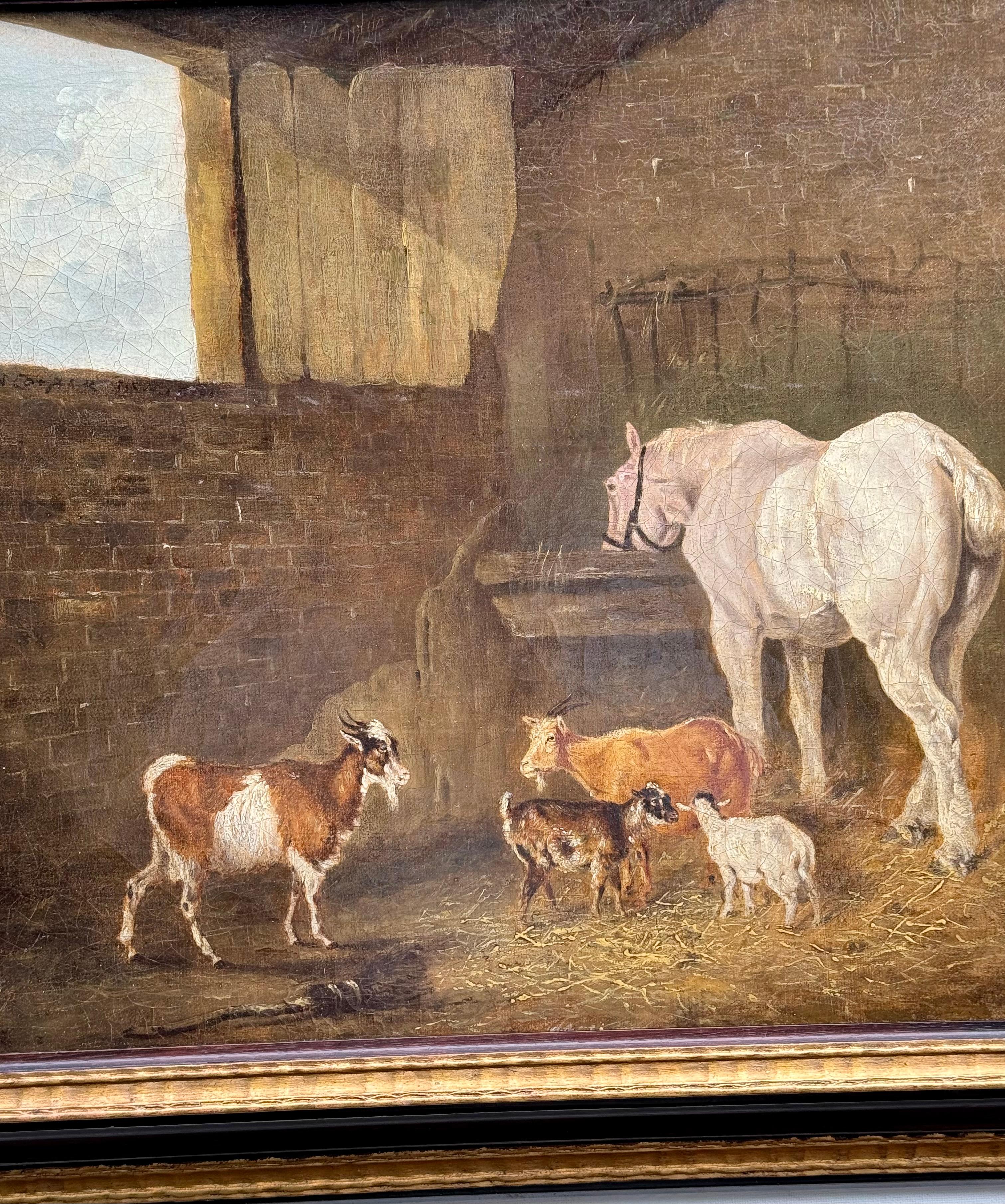 19th century English interior barn scene with horse , goats - Victorian Painting by Abraham Cooper