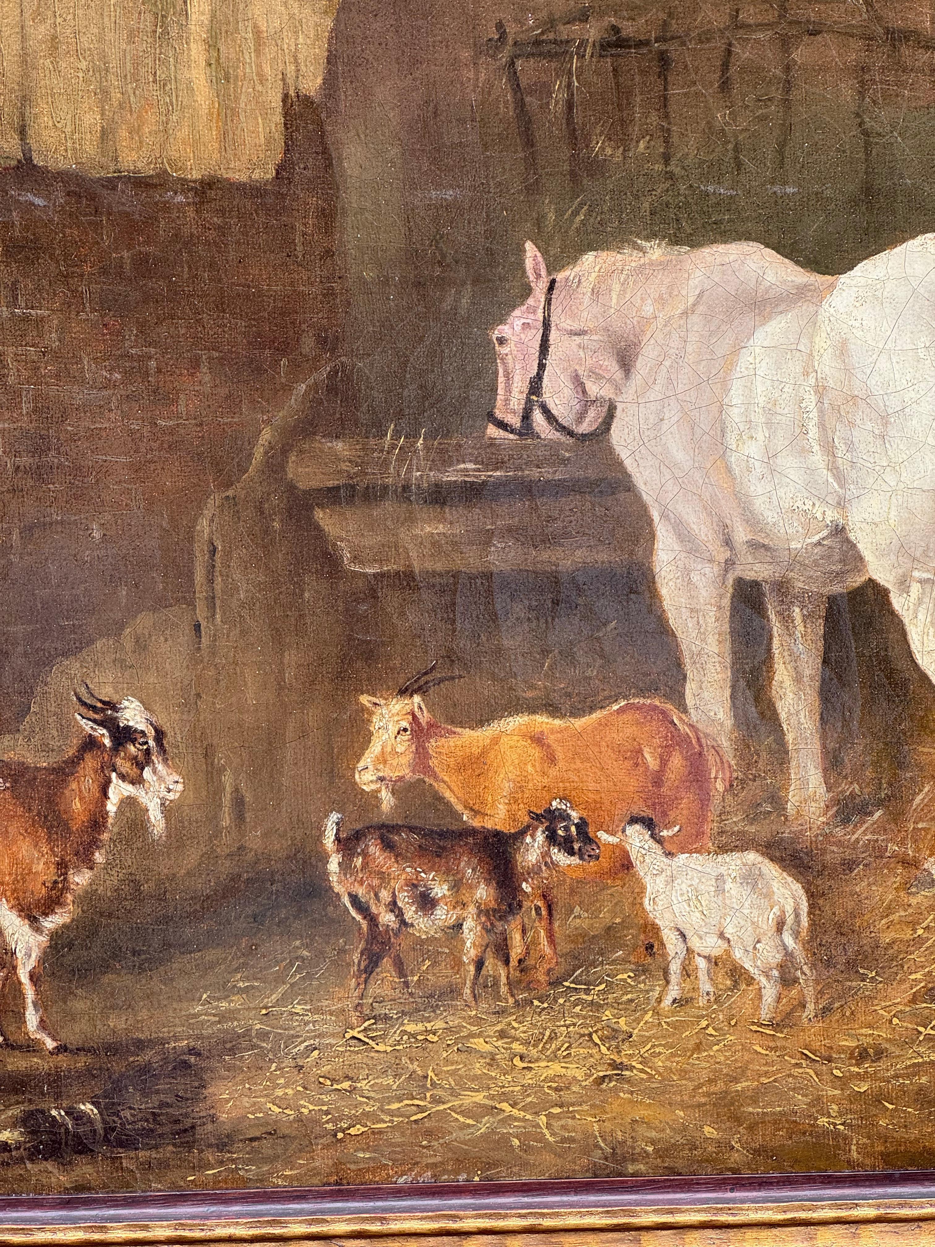 19th century English interior barn scene with horse , goats - Brown Figurative Painting by Abraham Cooper