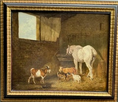 Escena de granero interior inglés del siglo XIX con caballo , cabras