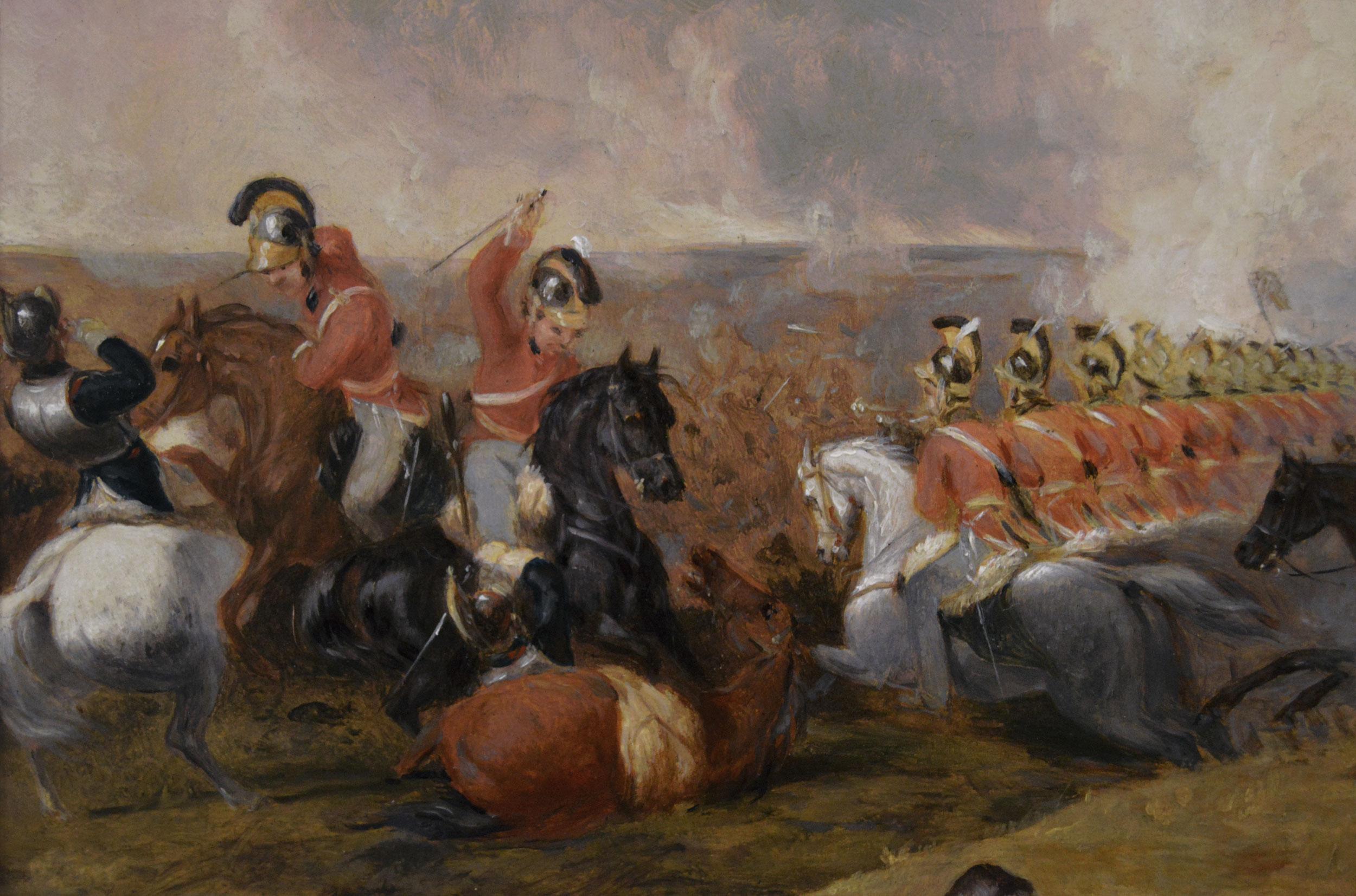 Abraham Cooper RA
Britannico, (1787-1868)
La carica della 1ª Brigata di Cavalleria
Olio su pannello
Dimensioni dell'immagine: 11,25 pollici x 15,5 pollici 
Dimensioni comprensive di cornice: 16,5 pollici x 20,75 pollici
Provenienza: Henry Brock