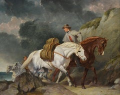 19th Century oil painting of smugglers with horses on a coastal path