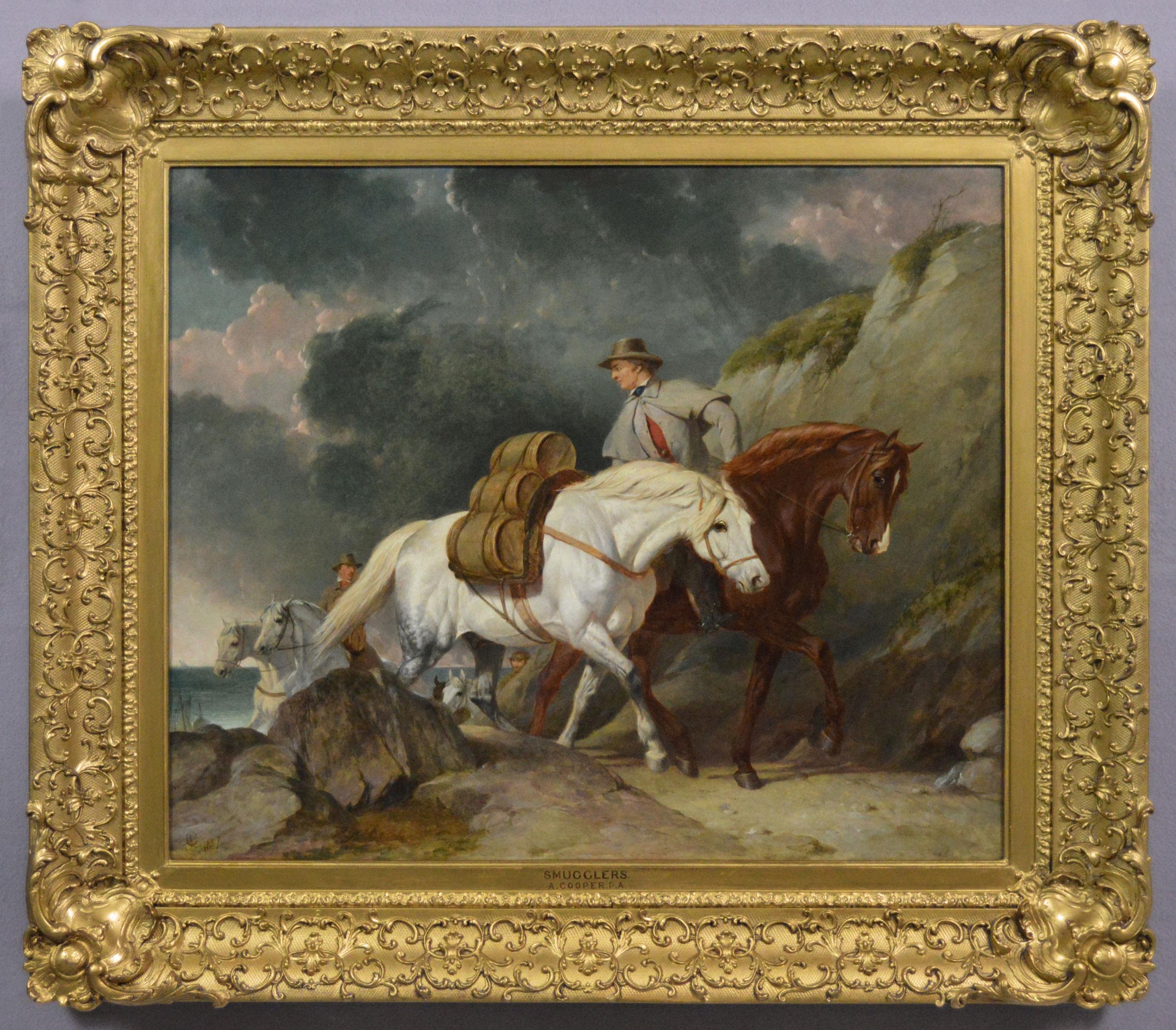 Peinture à l'huile du XIXe siècle représentant des contrebandiers à cheval sur un sentier côtier