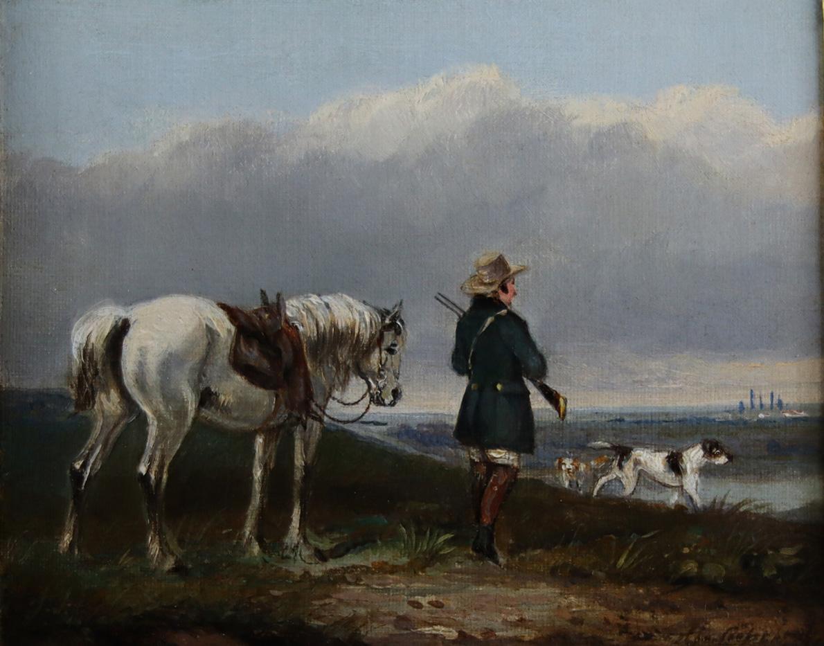 Abraham Cooper Landscape Painting - A Sportsman on a moor with a grey Highland pony, and pointers