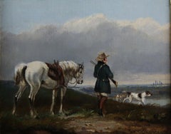 A Sportsman on a moor with a grey Highland pony, and pointers