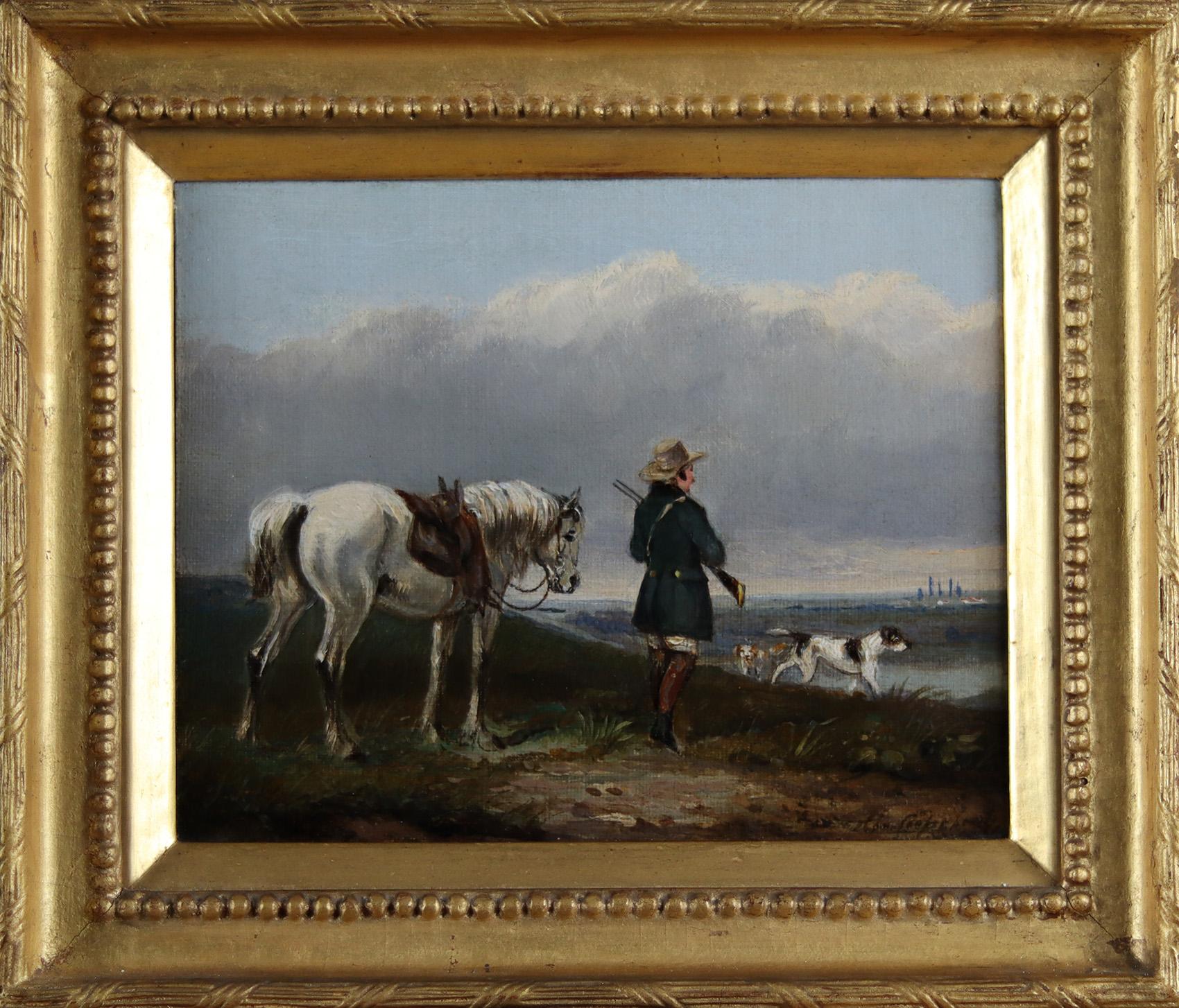 A Sportsman on a moor with a grey Highland pony, and pointers - Painting by Abraham Cooper