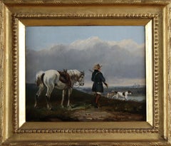 A Sportsman on a moor with a grey Highland pony, and pointers