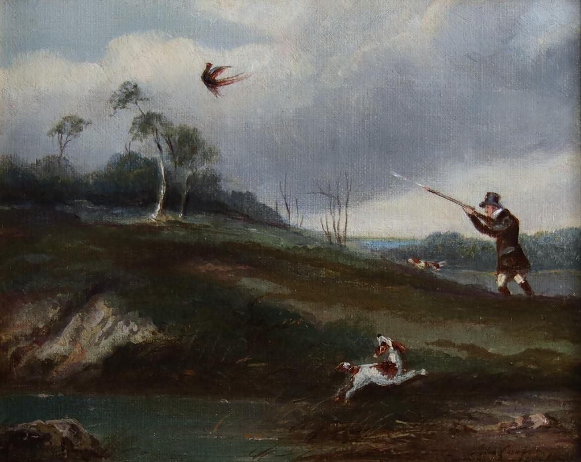 A Sportsman shooting a Pheasant, pointers in landscape. - Painting by Abraham Cooper