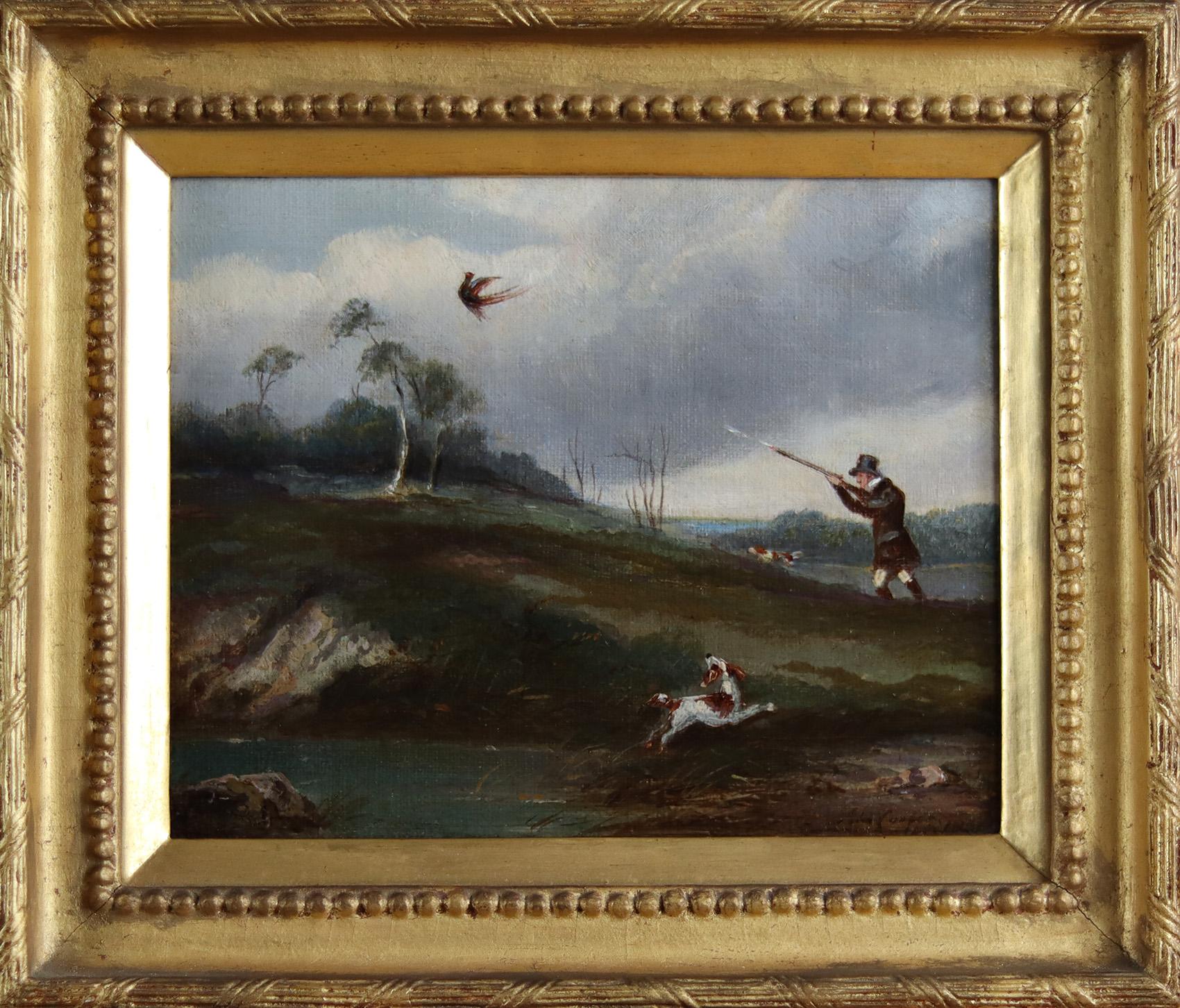 Abraham Cooper Landscape Painting - A Sportsman shooting a Pheasant, pointers in landscape.