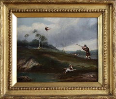 A Sportsman shooting a Pheasant, pointers in landscape.