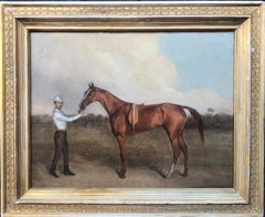 Early 19th Century Oil Painting of Race Horse with standing Jockey