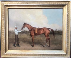 Early 19th Century Oil Painting of Race Horse with standing Jockey 