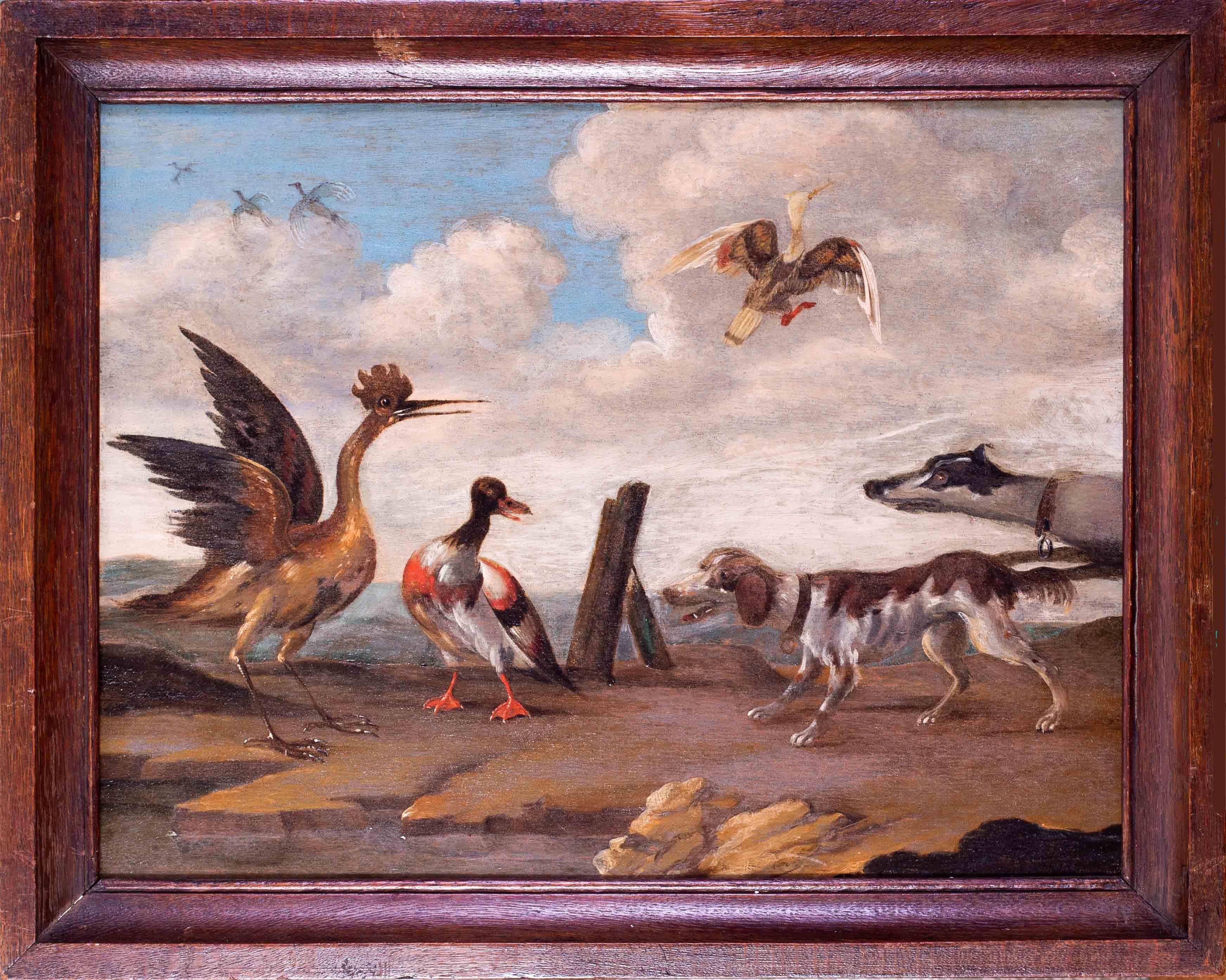 Abraham Danielsz Hondius Animal Painting - 17th Century oil painting of hounds putting up wildfowl