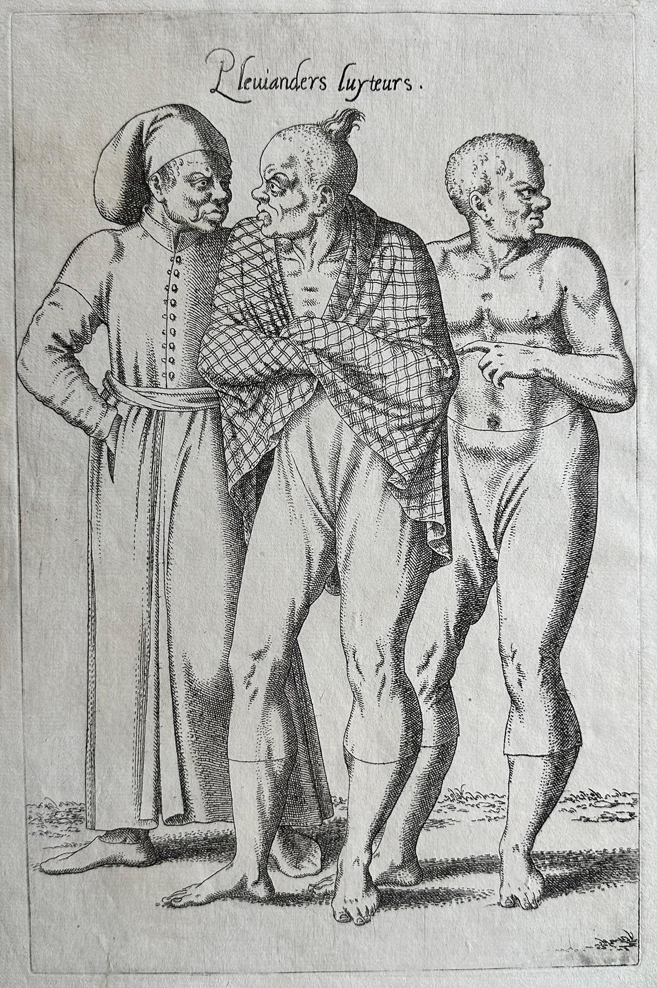 Portrait Print Abraham de Bruyn - Les combattants de la cour du sultan de Turquie habillés pour l'extérieur, se reposant et se battant