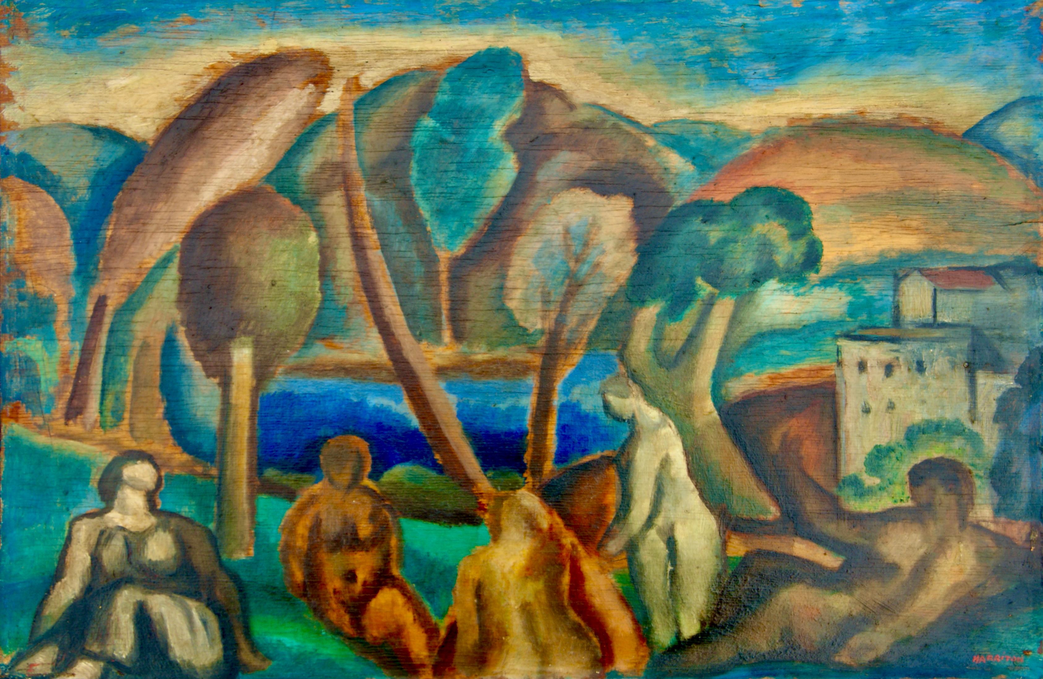 Abraham Harriton Figurative Painting - "Nude Bathers" WPA American Scene Regionalism 20th Century Oil Modernism Modern