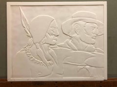 Rare Milk Glass Carved Sculpture Panel Cowboy Indian WPA Artist Americana