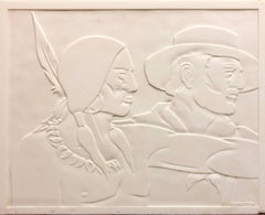Rare Milk Glass Carved Sculpture Panel Cowboy Indian WPA Artist Americana