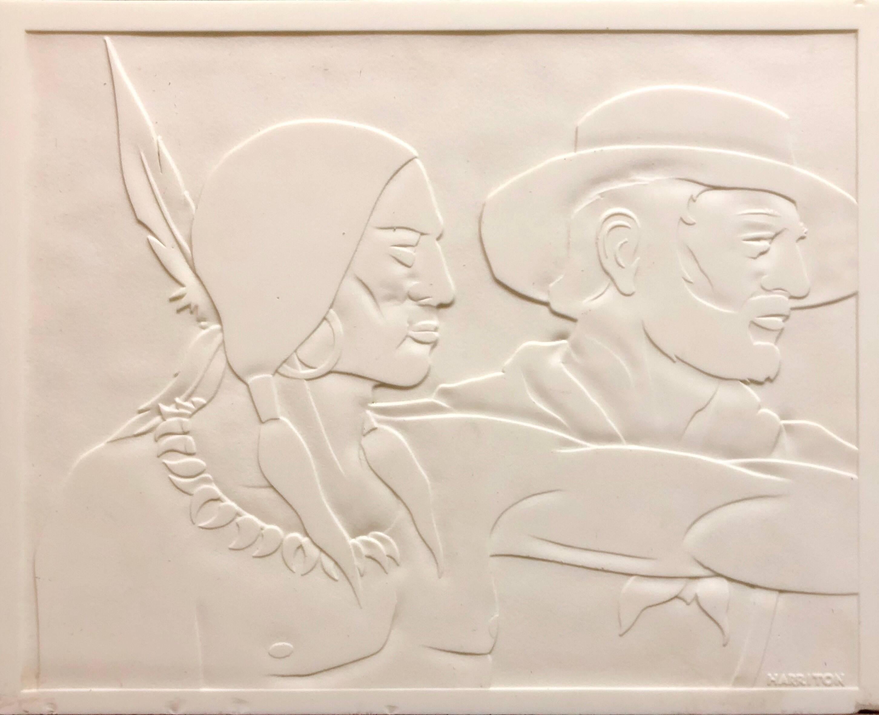 Figurative Sculpture Abraham Harriton - Panneau sculpté rare en verre opalin représentant un cow-boy et un Indien, œuvre d'un artiste de la WPA, style « Americana »