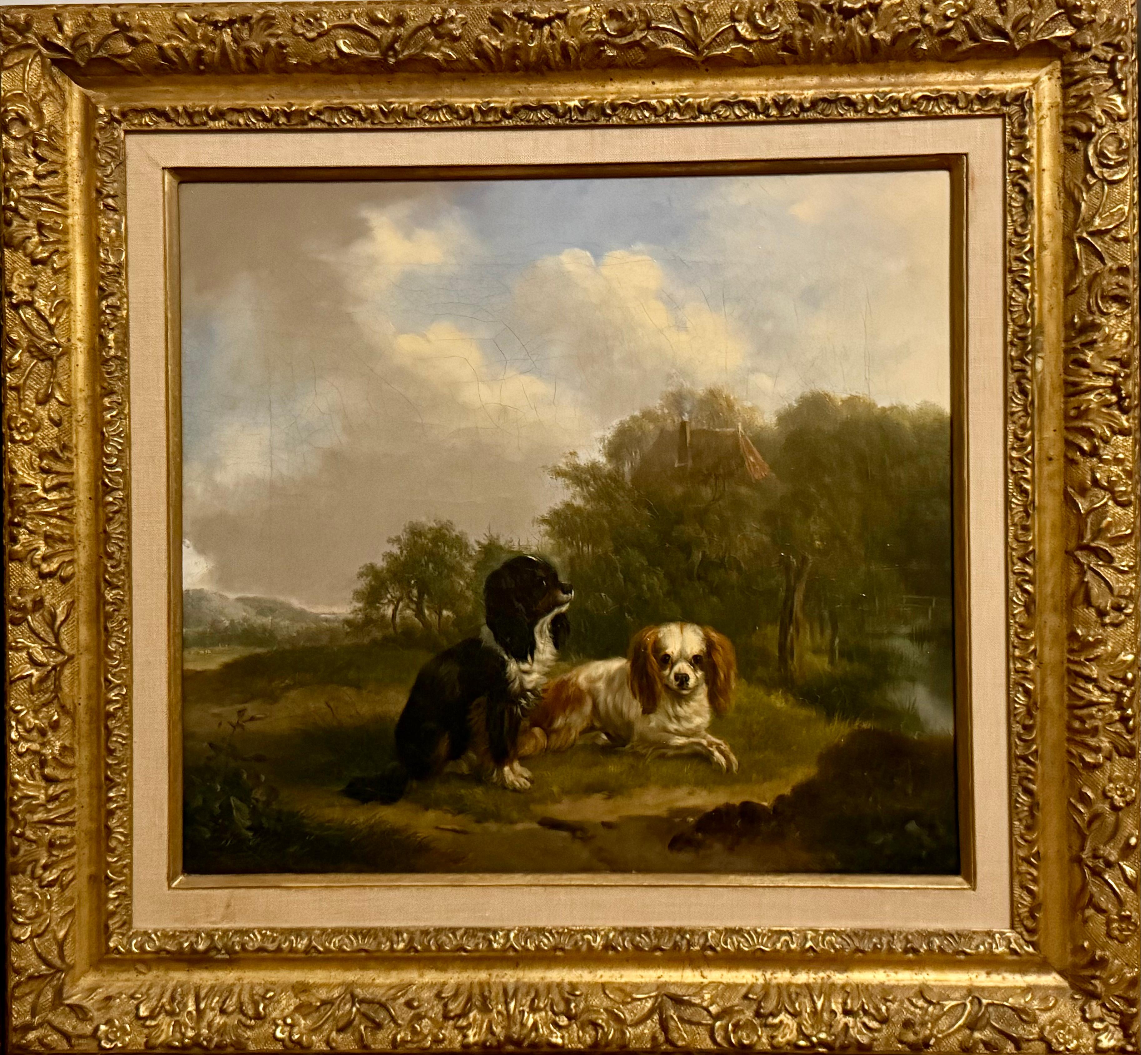 Zwei Spaniels in Landschaft 19. Jh. Niederländisch – Painting von Abraham Hendrick Winter
