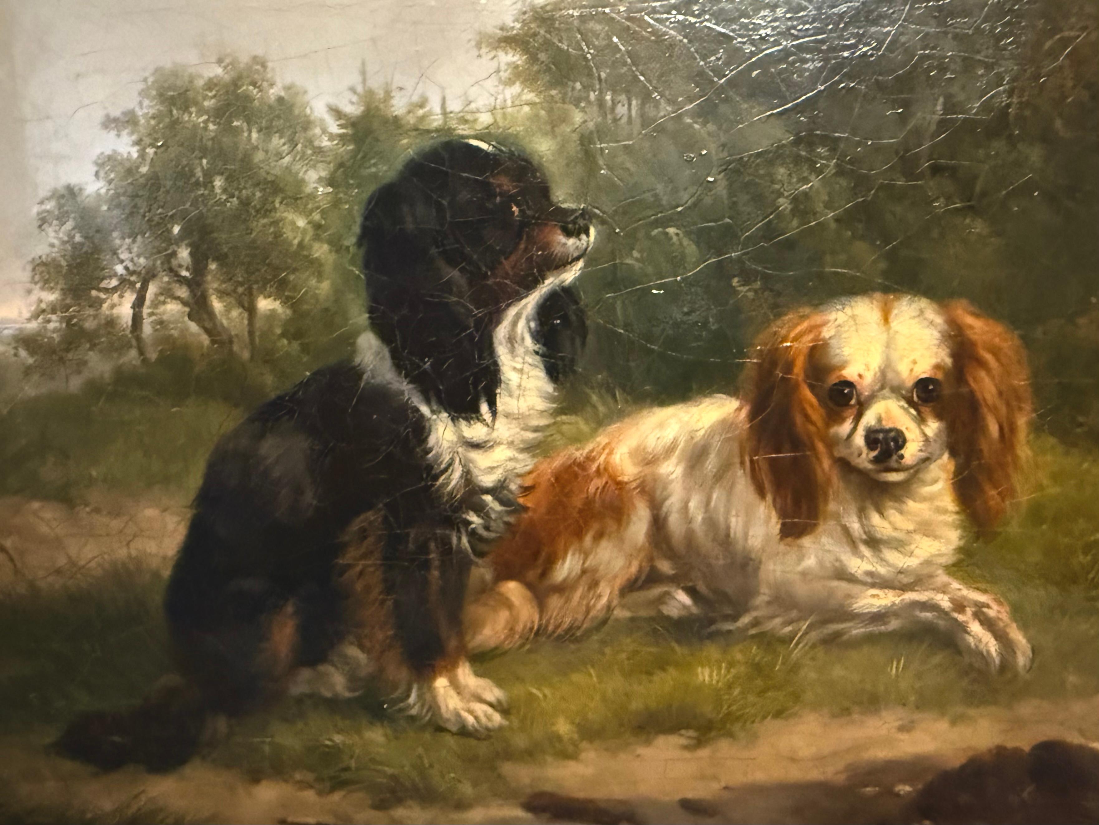Zwei Spaniels in Landschaft 19. Jh. Niederländisch (Beige), Landscape Painting, von Abraham Hendrick Winter